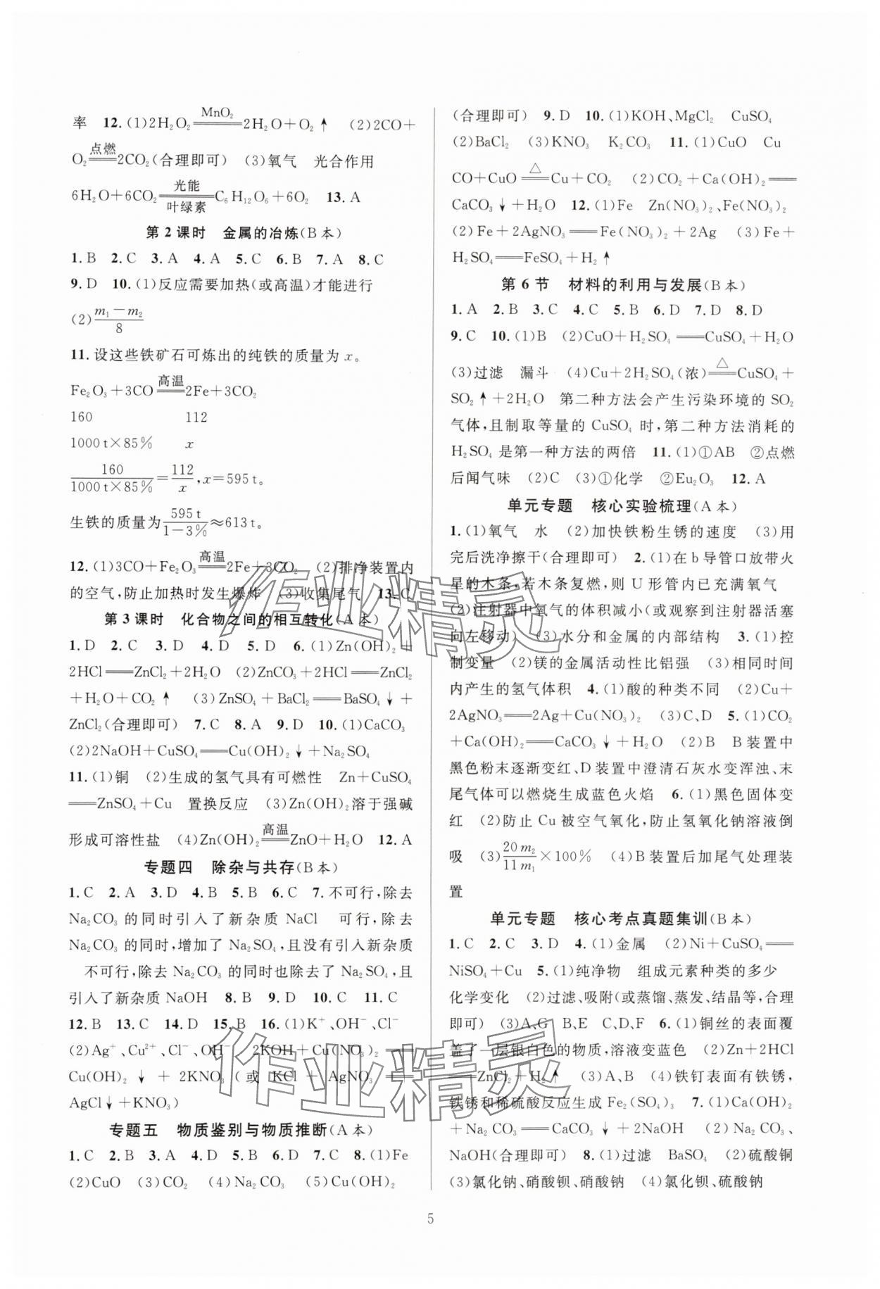 2024年全優(yōu)新同步九年級科學(xué)全一冊浙教版 參考答案第5頁