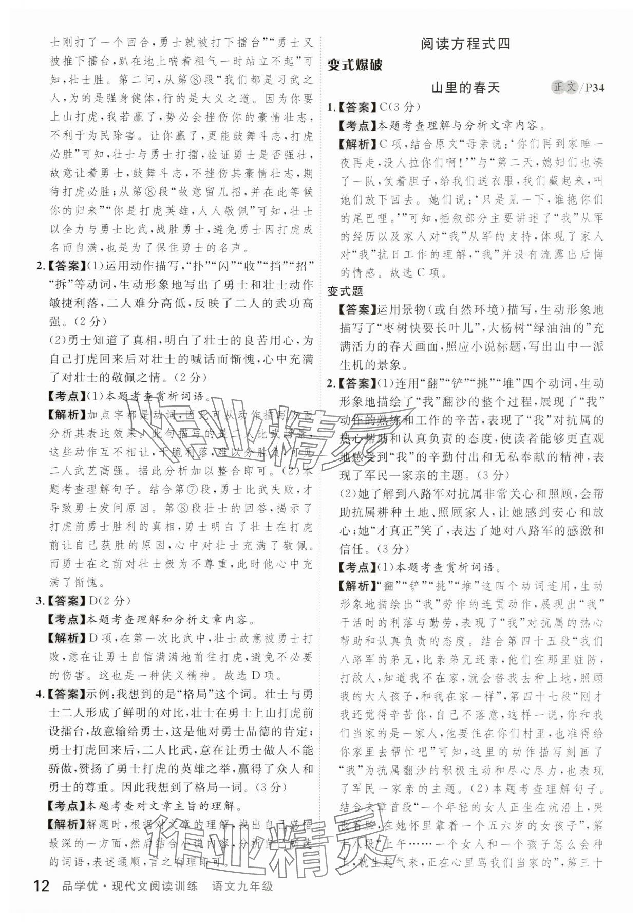 2025年品學優現代文閱讀訓練九年級語文 參考答案第12頁