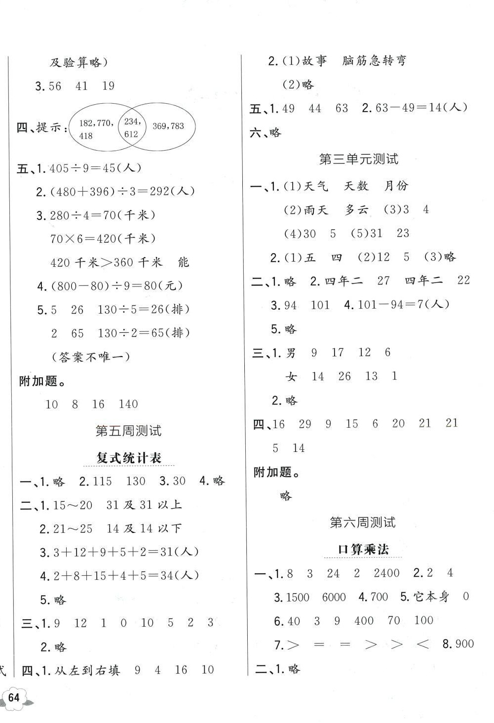 2024年悅?cè)缓脤W(xué)生周周測三年級數(shù)學(xué)下冊人教版 參考答案第4頁