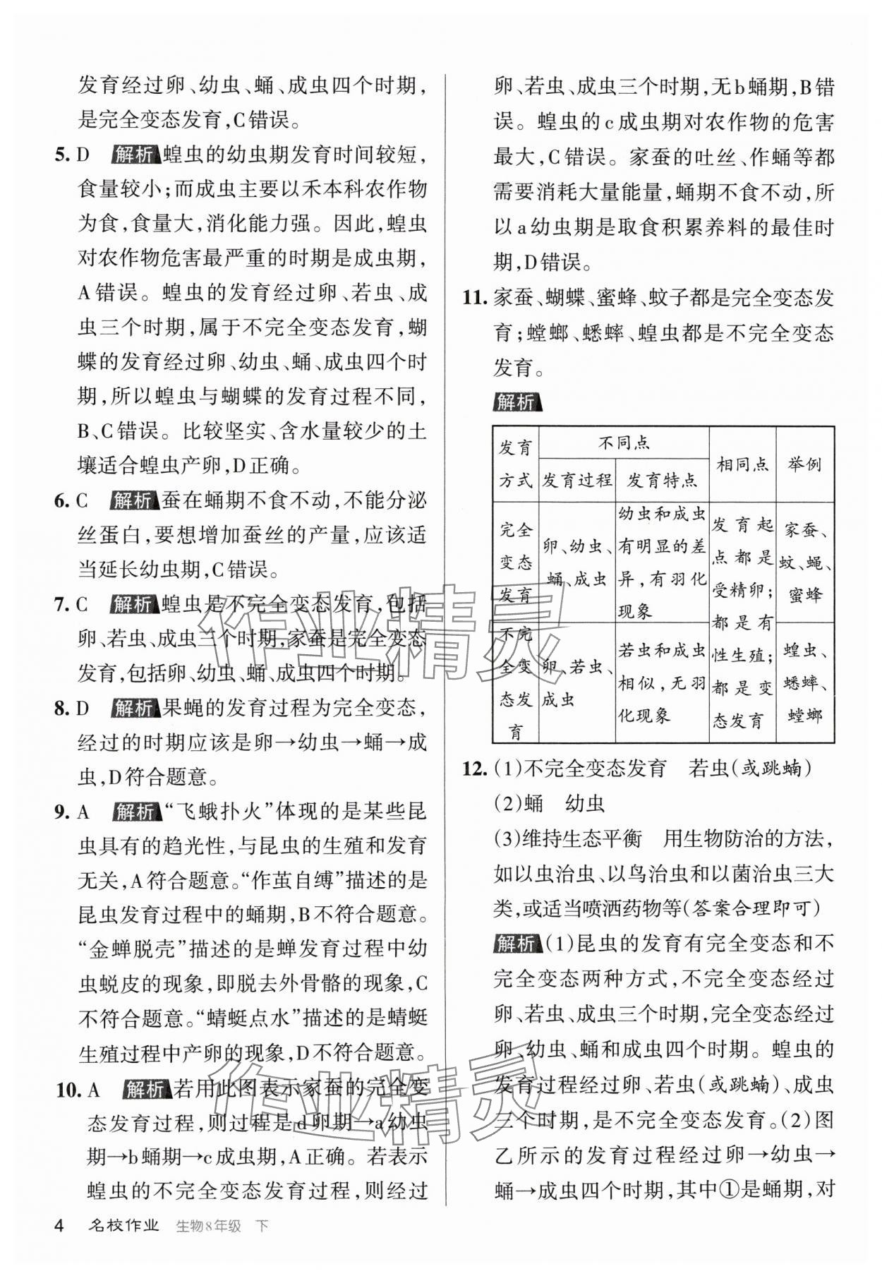 2024年名校作业八年级生物下册人教版山西专版 参考答案第4页