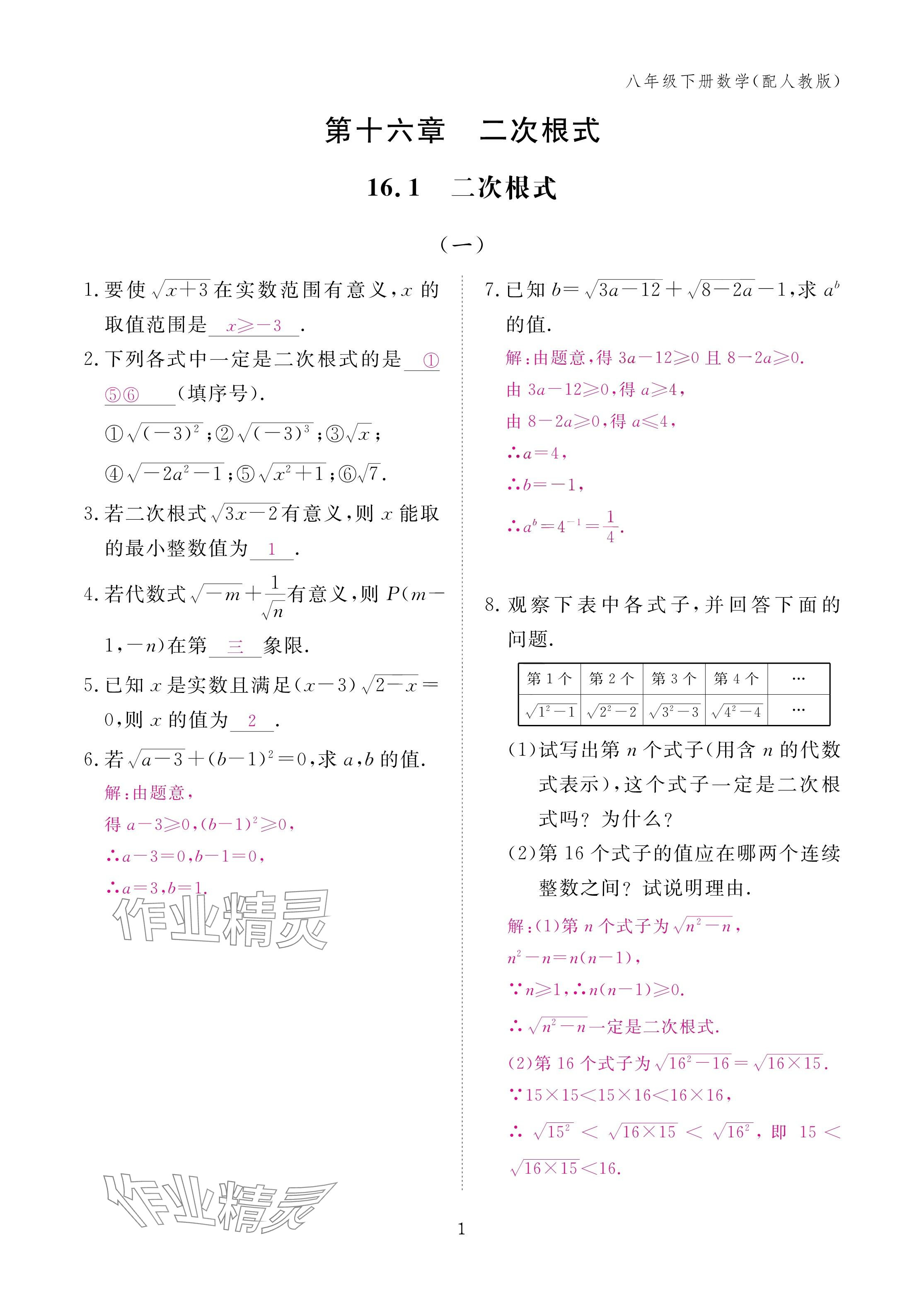 2025年作業(yè)本江西教育出版社八年級數(shù)學下冊人教版 參考答案第1頁