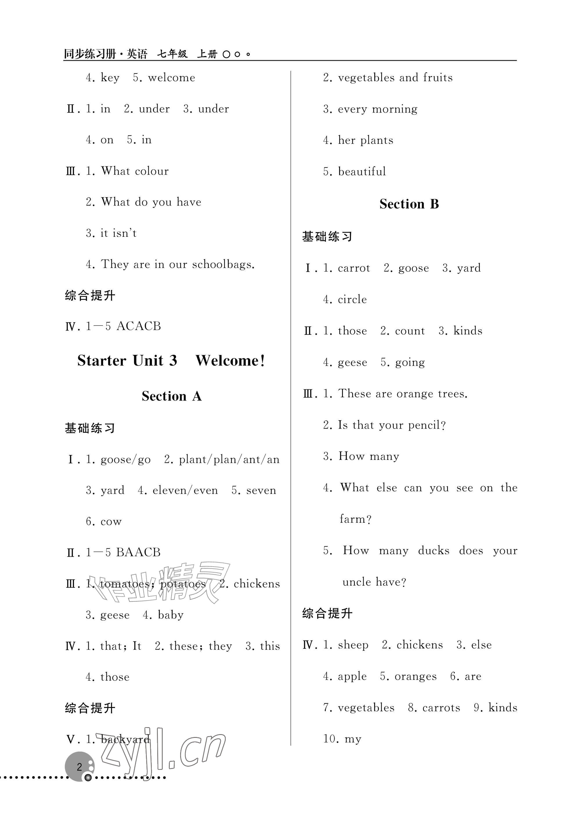 2026年同步练习册人民教育出版社七年级英语上册人教版新疆专版&nbsp;参考答案第2页
