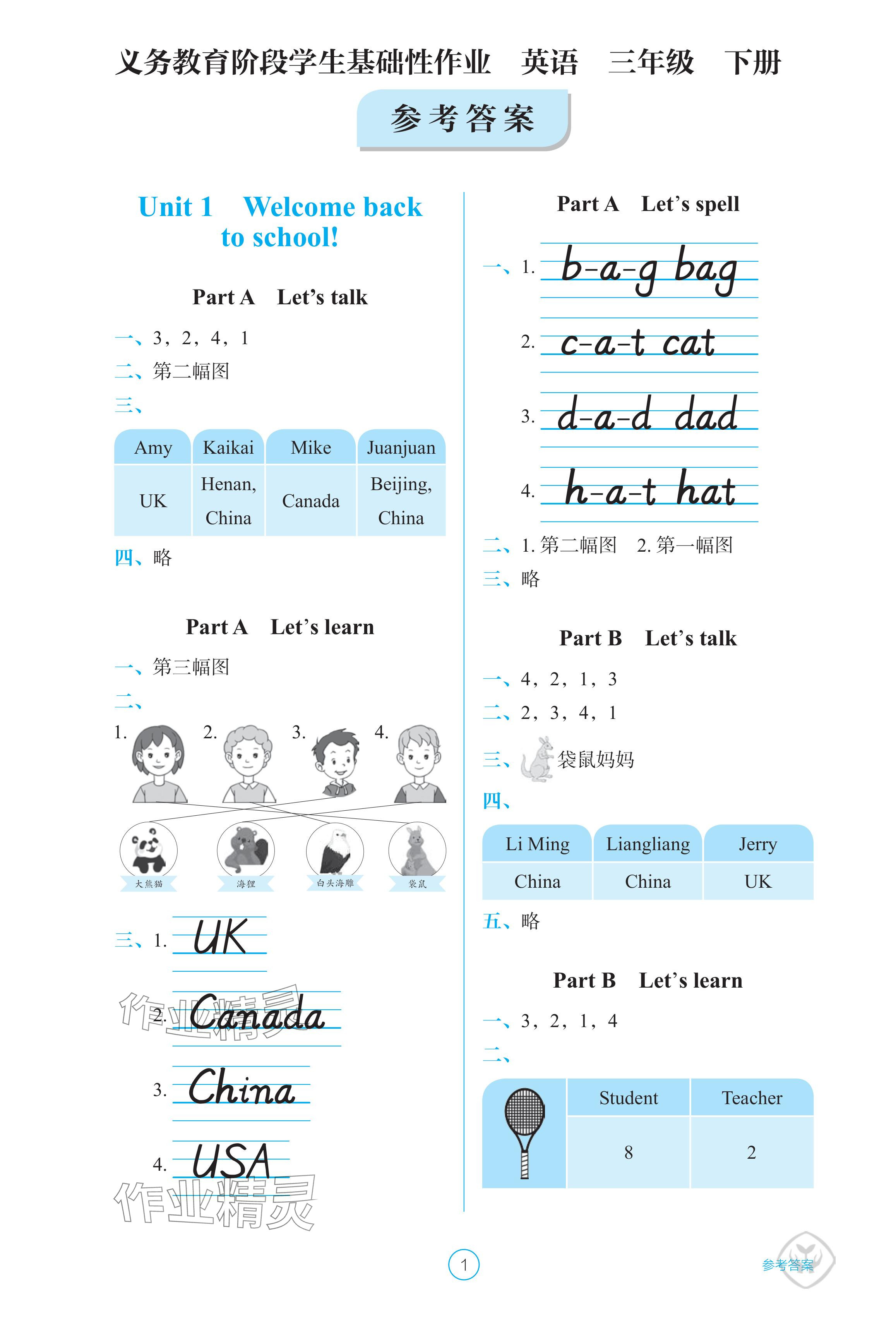 2024年學(xué)生基礎(chǔ)性作業(yè)三年級(jí)英語(yǔ)下冊(cè)人教版 參考答案第1頁(yè)