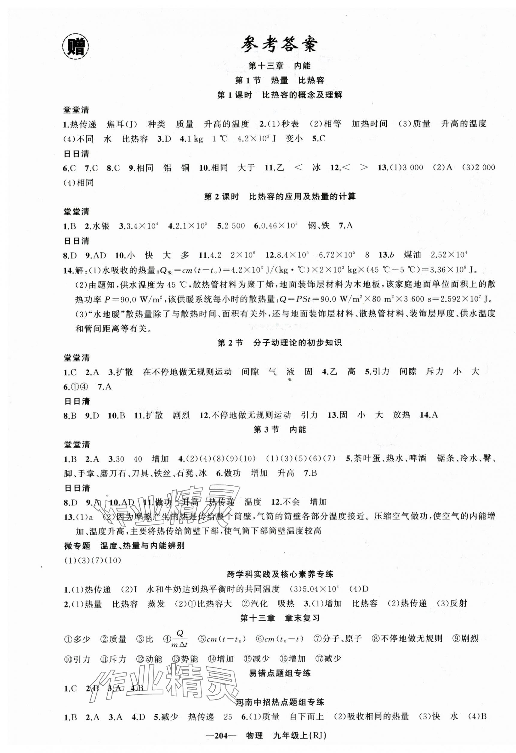 2025年四清导航九年级物理上册人教版河南专版 参考答案第1页