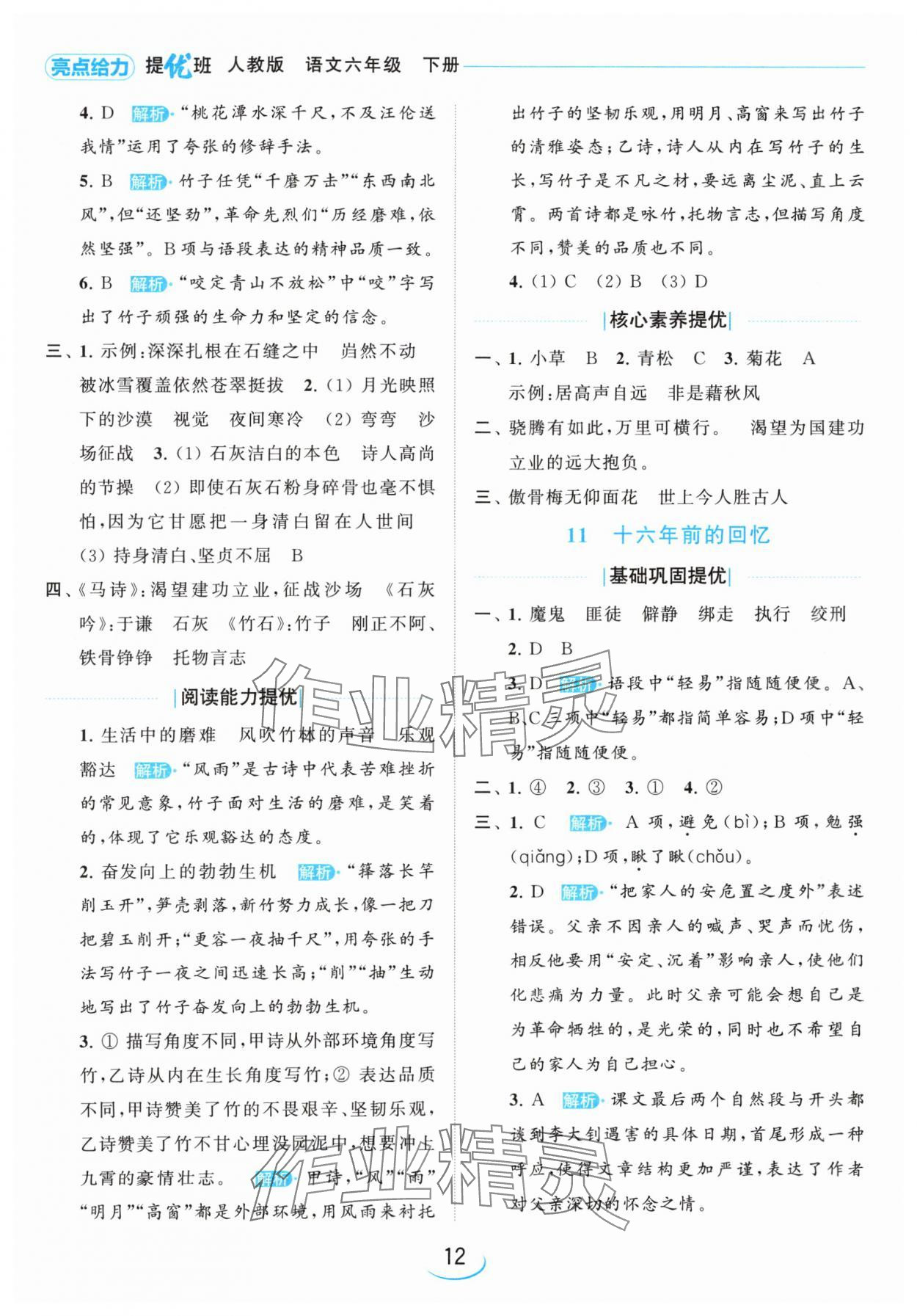 2024年亮點(diǎn)給力提優(yōu)班六年級(jí)語(yǔ)文下冊(cè)人教版 參考答案第12頁(yè)