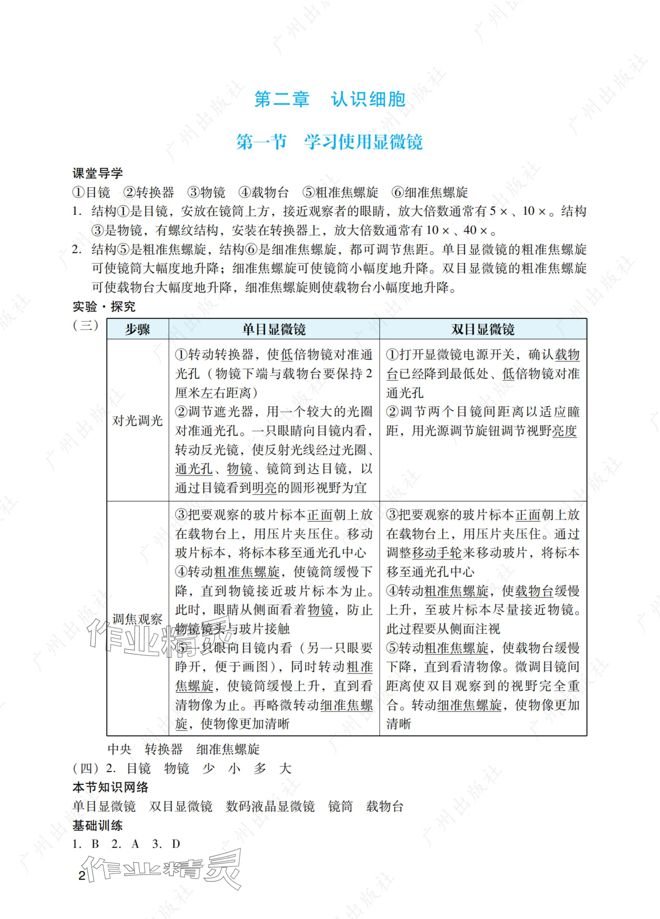 2024年阳光学业评价七年级生物上册人教版 参考答案第2页