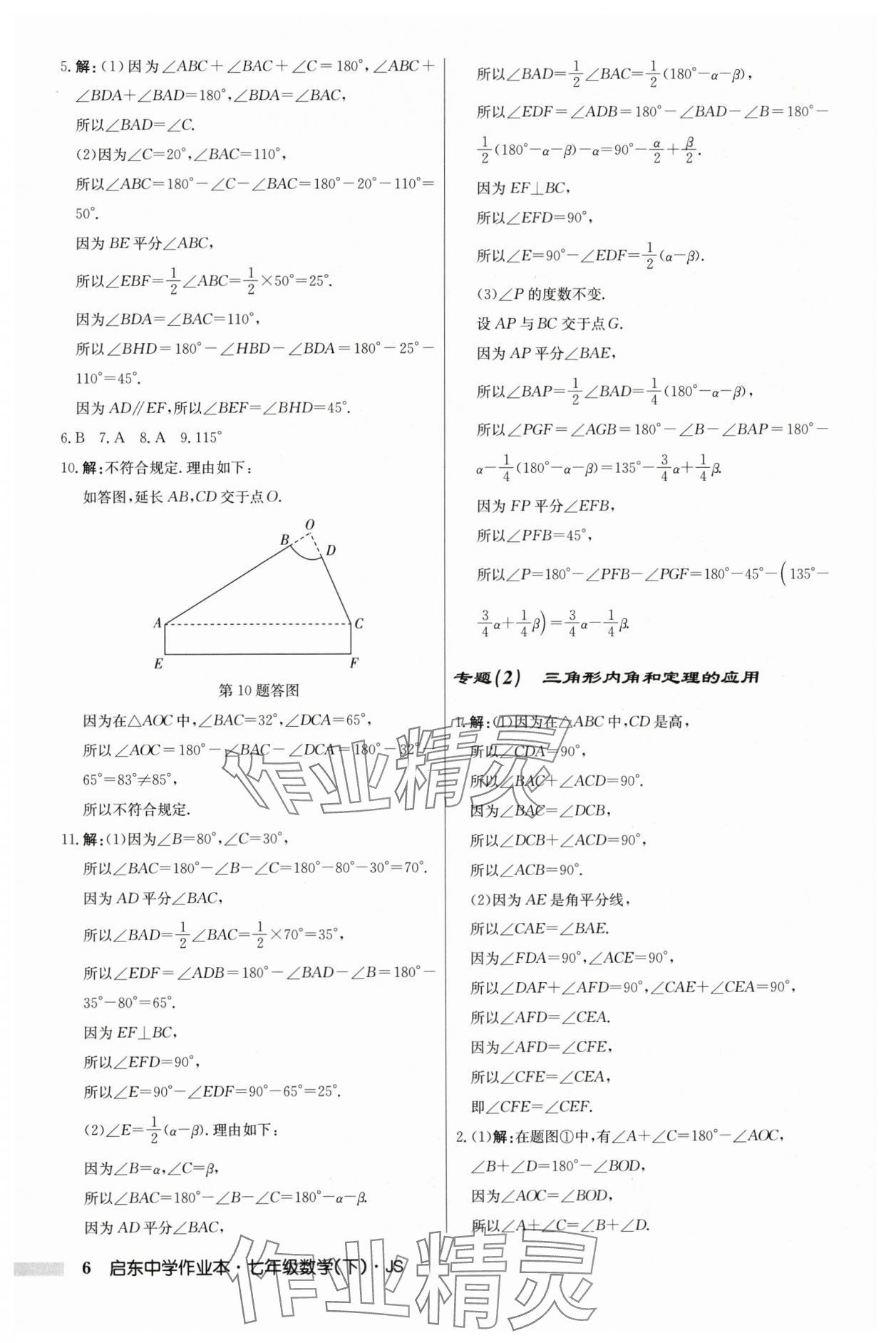 2024年启东中学作业本七年级数学下册苏科版 参考答案第6页