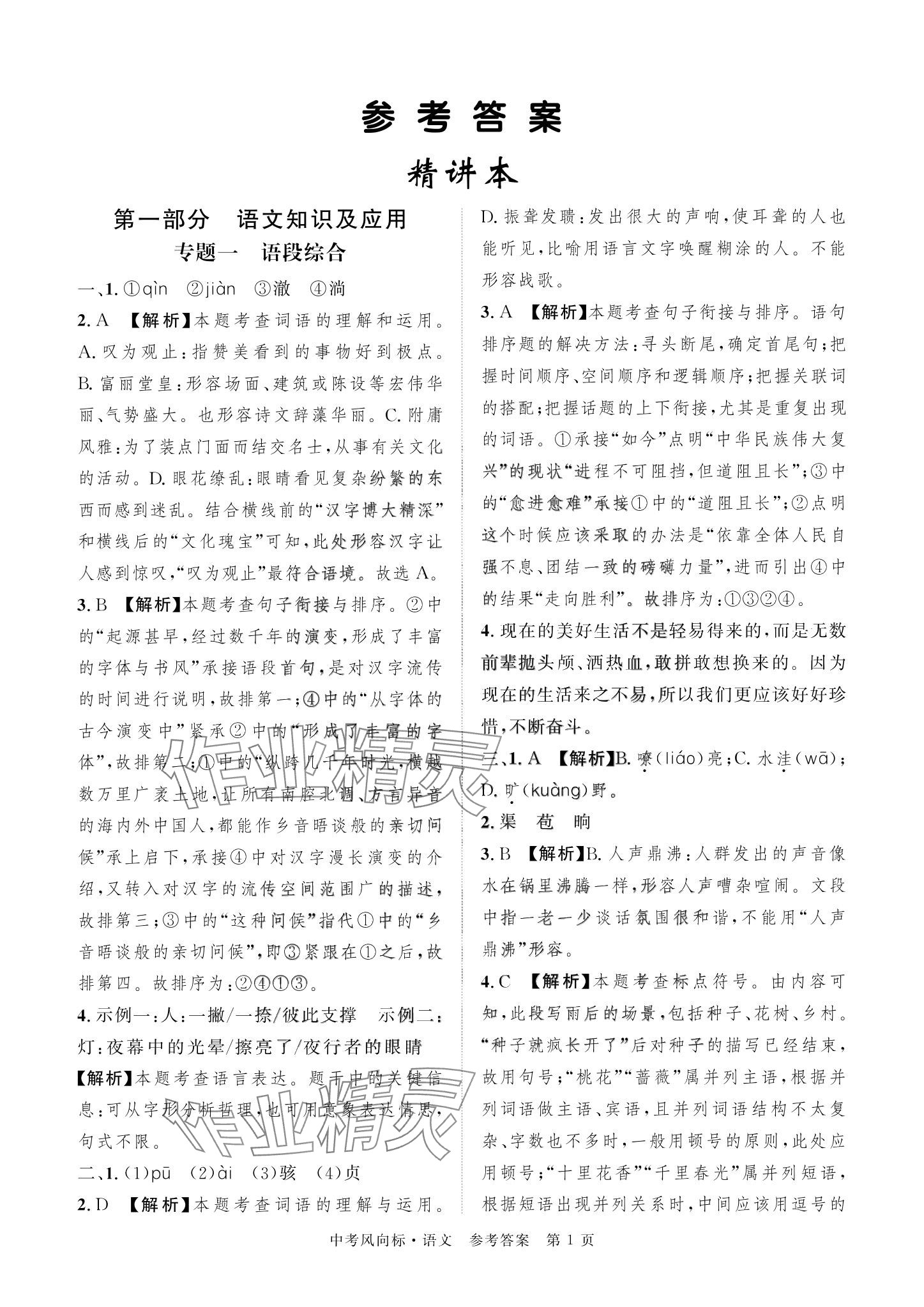 2024年啟航中考風向標語文 參考答案第1頁