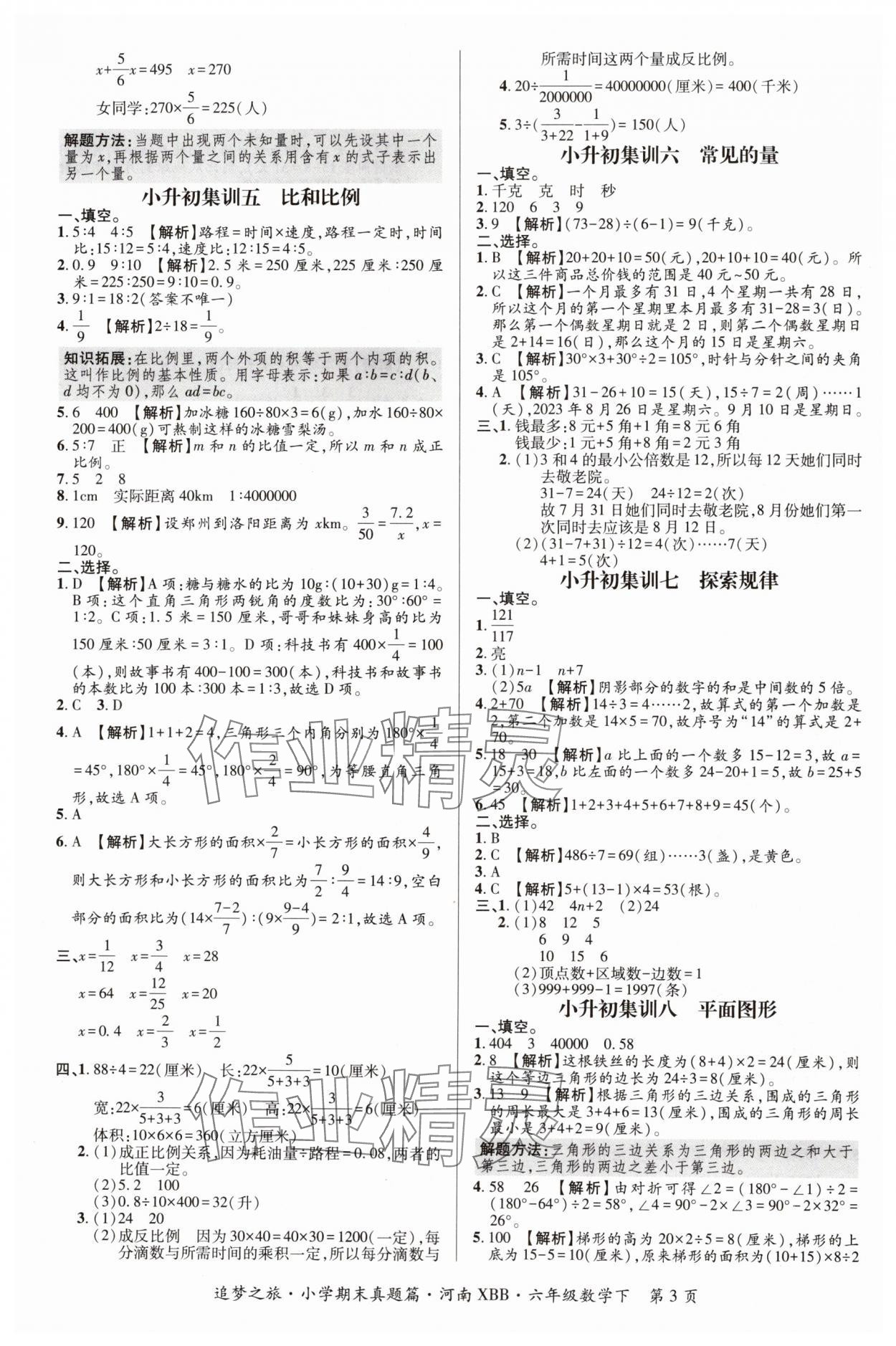 2024年追夢(mèng)之旅小學(xué)期末真題篇六年級(jí)數(shù)學(xué)下冊(cè)北師大版河南專版 參考答案第3頁(yè)