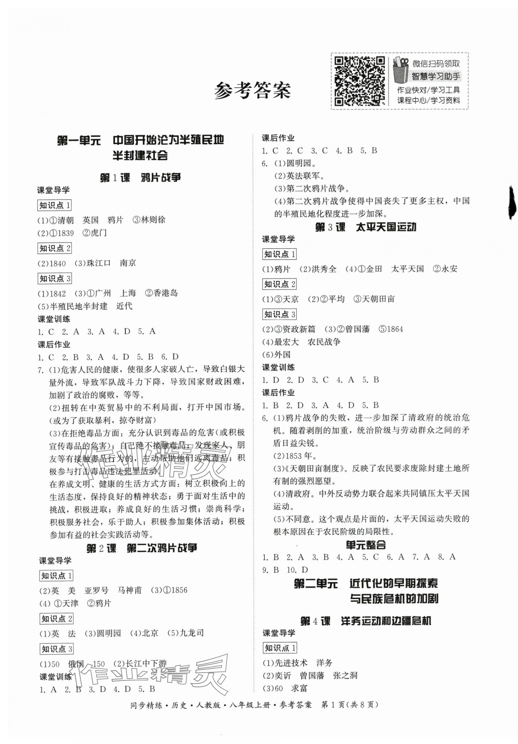 2024年同步精练八年级历史上册人教版广东人民出版社 第1页