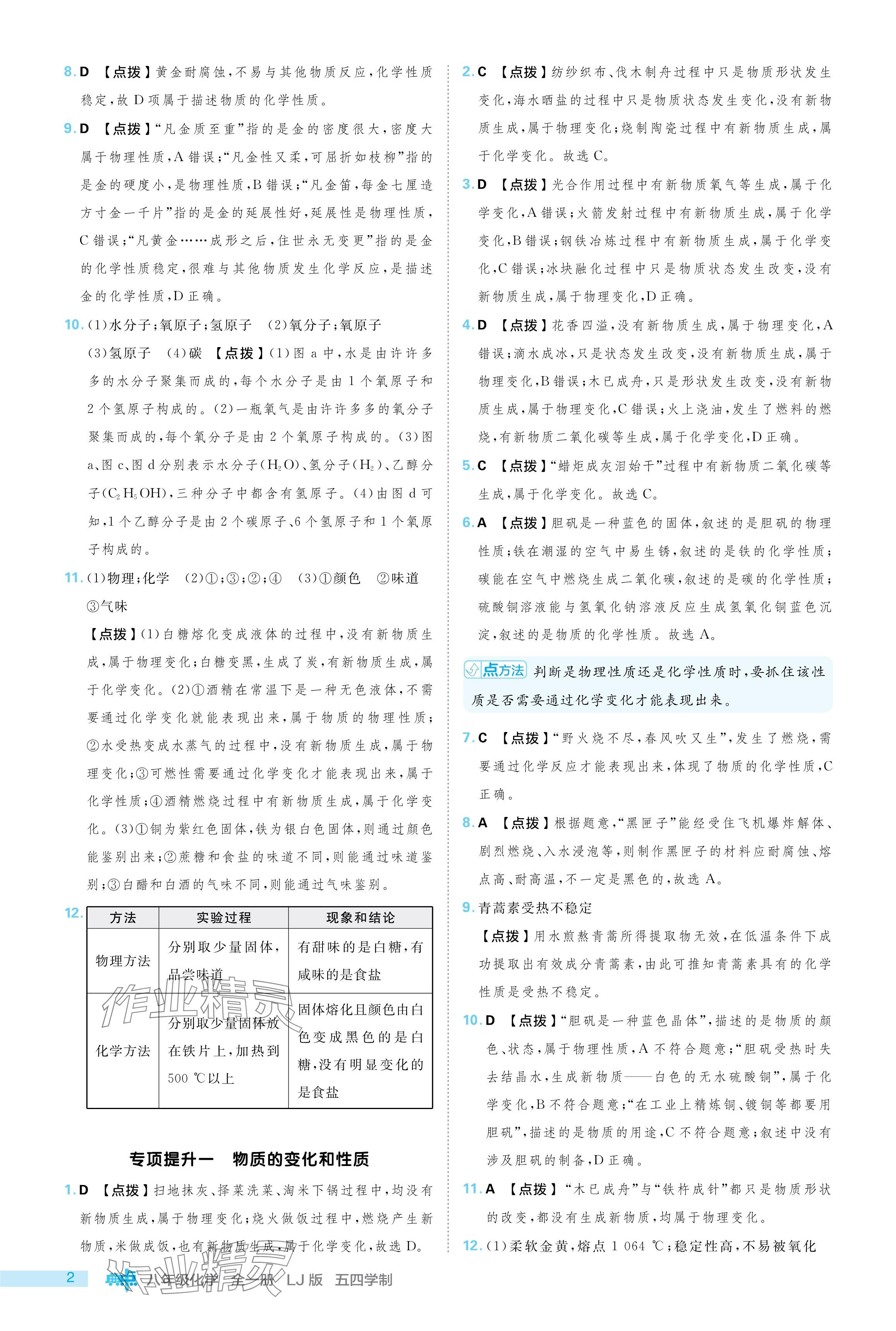 2024年綜合應(yīng)用創(chuàng)新題典中點八年級化學(xué)全一冊魯教版五四制 參考答案第2頁