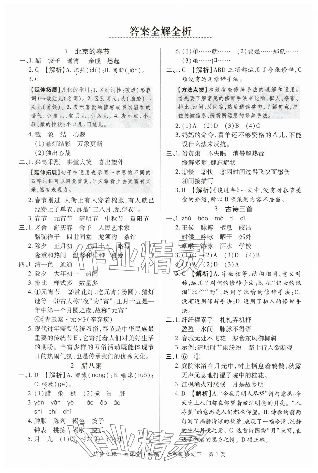 2024年追夢之旅大課堂六年級語文下冊人教版河南專版 參考答案第1頁