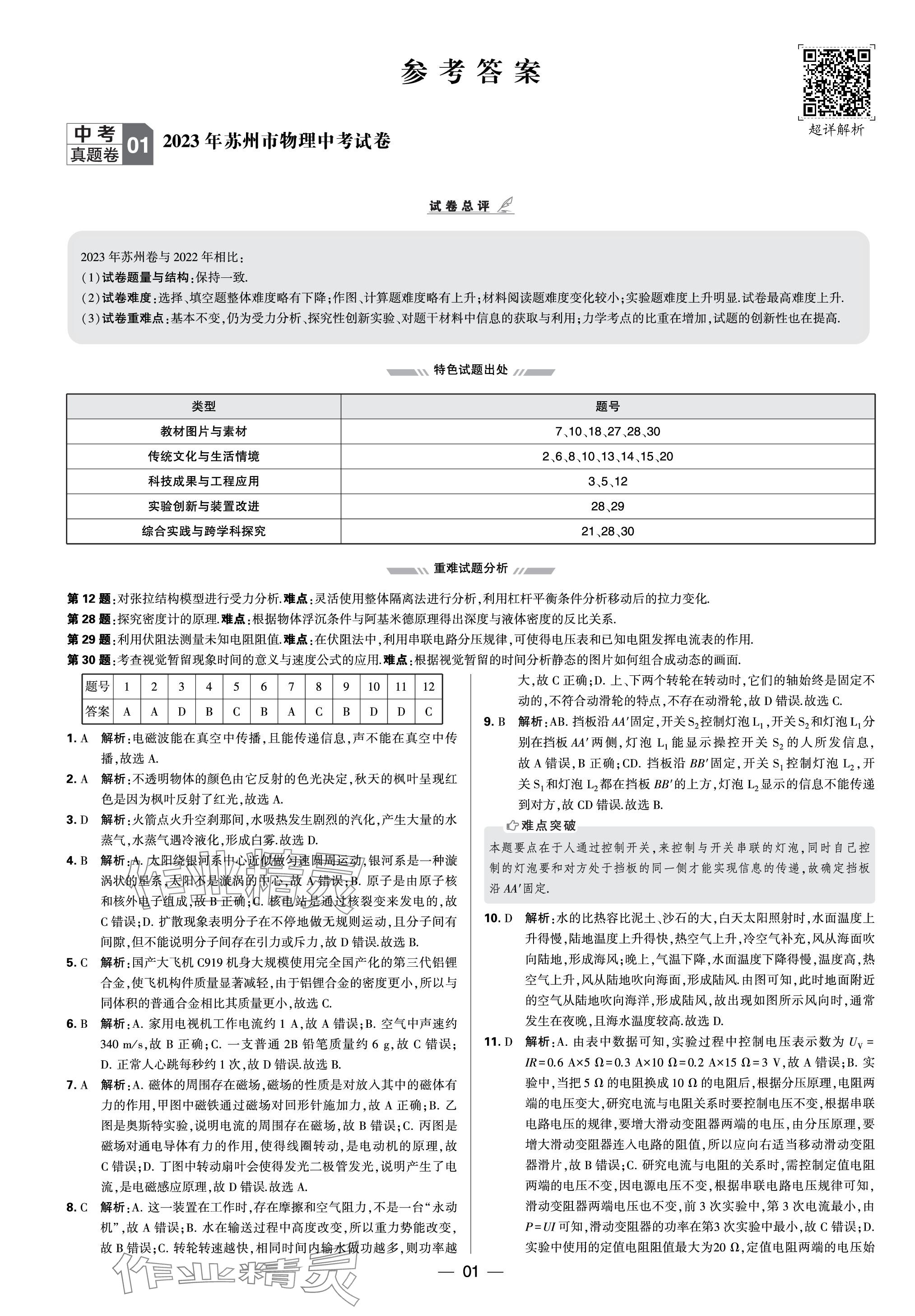 2024年學(xué)霸中考試卷匯編30套物理 參考答案第1頁(yè)