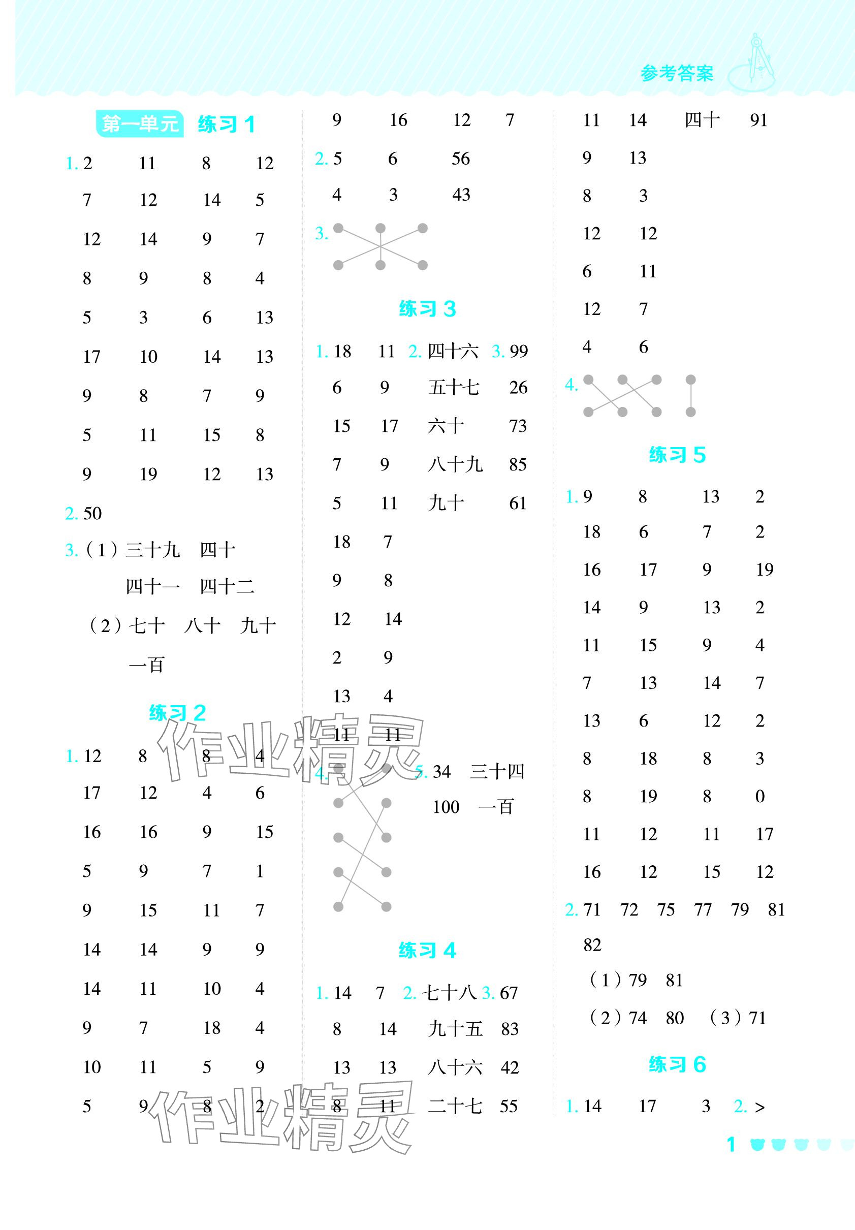 2024年星级口算天天练一年级数学下册西师大版 参考答案第1页