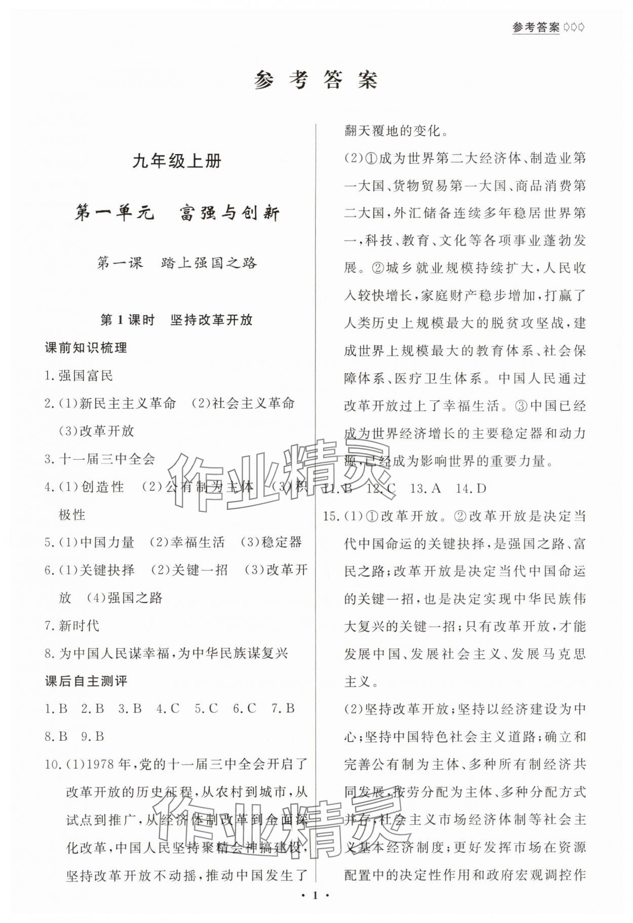 2024年學(xué)生成長冊九年級(jí)道德與法治全一冊人教版 參考答案第1頁