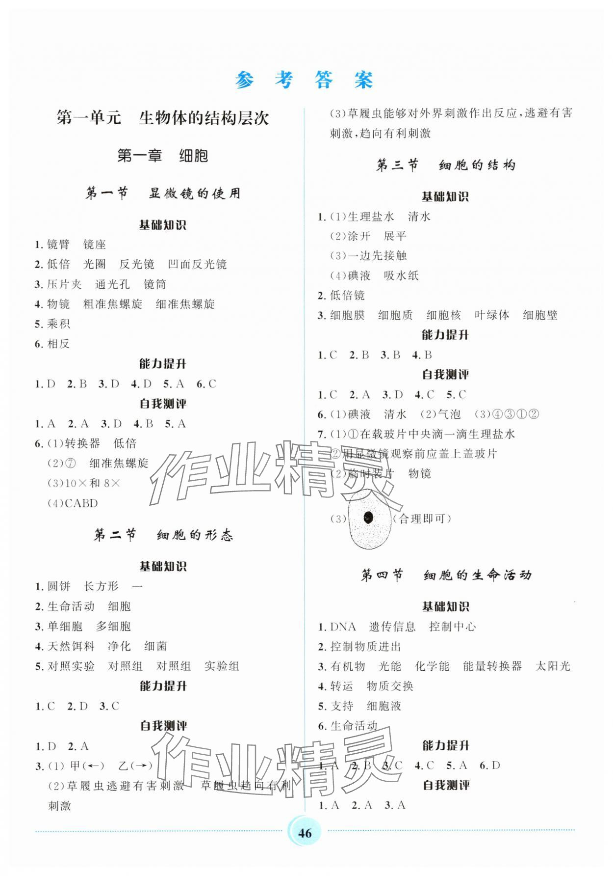 2024年夺冠百分百初中精讲精练七年级生物上册冀少版 参考答案第1页