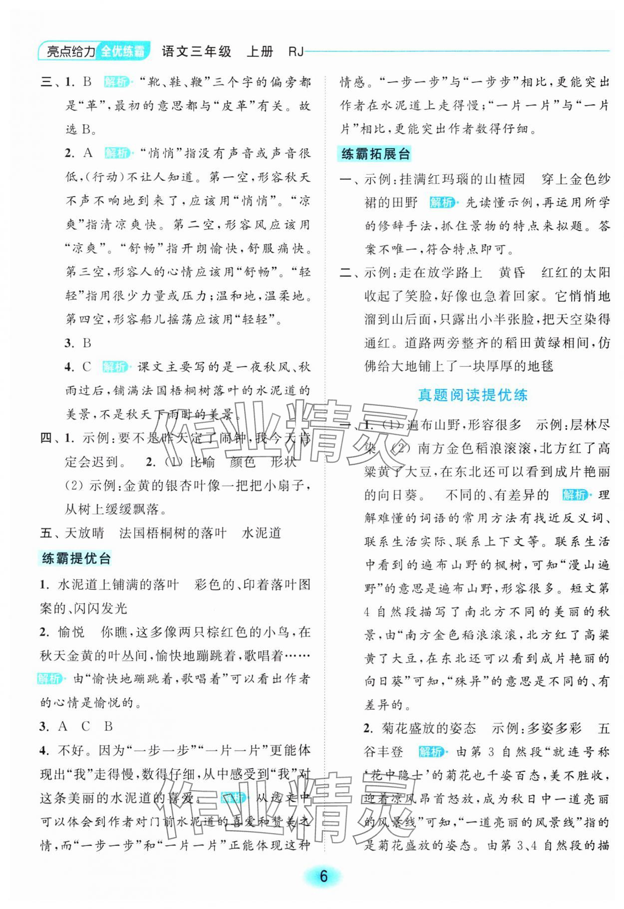 2023年亮點(diǎn)給力全優(yōu)練霸三年級語文上冊人教版 參考答案第6頁