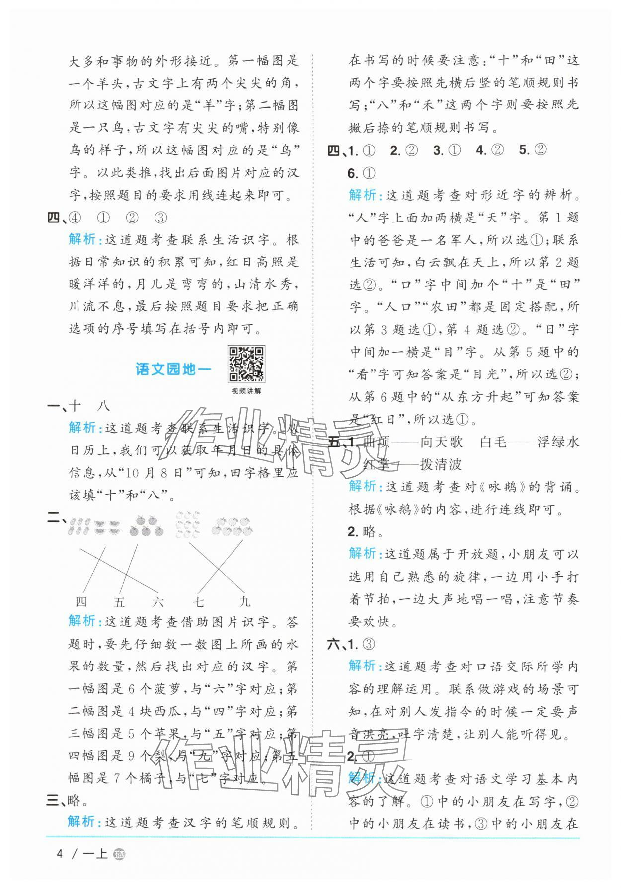 2025年阳光同学课时优化作业一年级语文上册人教版五四制&nbsp;参考答案第4页