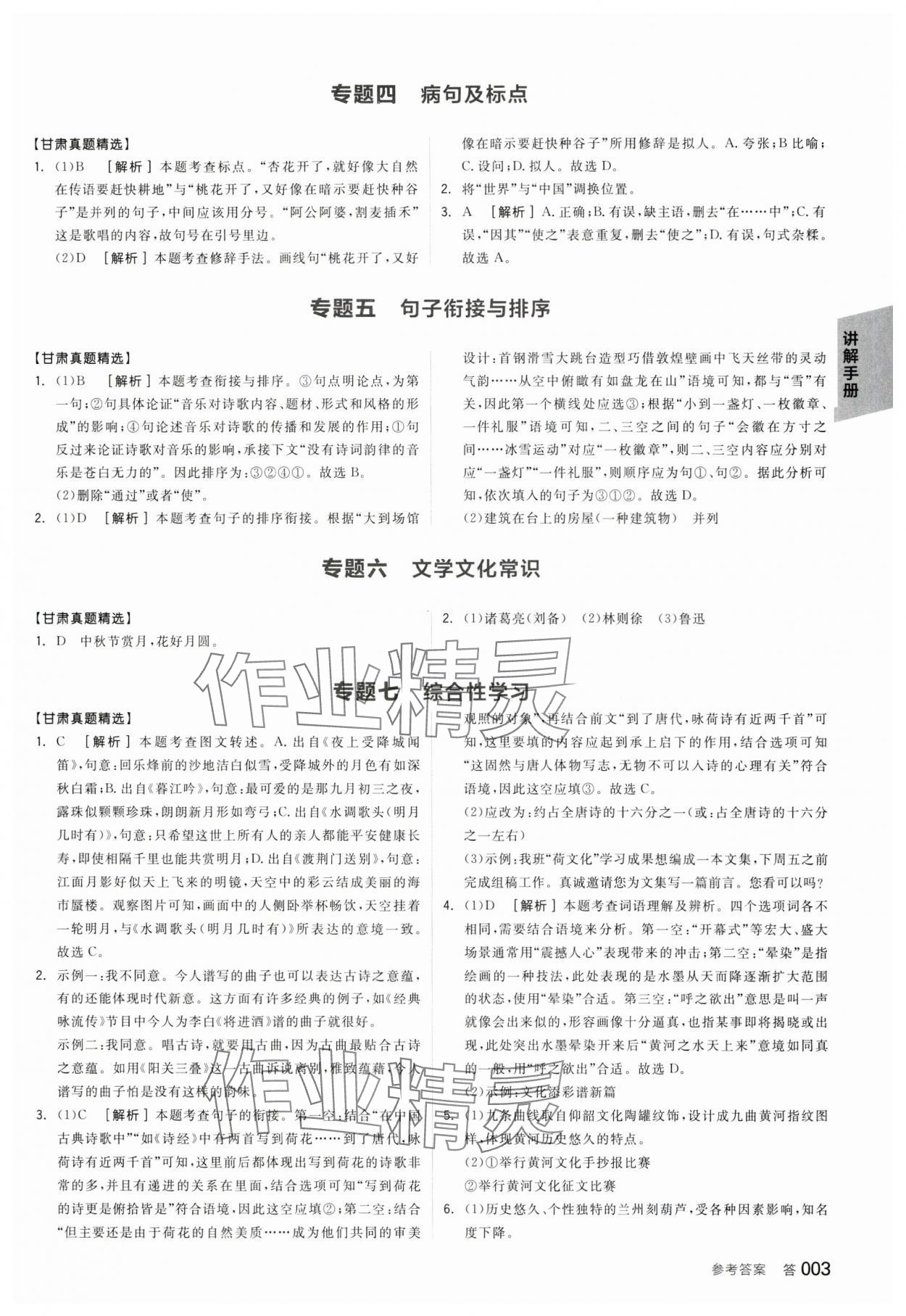 2024年全品中考復(fù)習(xí)方案語(yǔ)文甘肅專版 參考答案第2頁(yè)