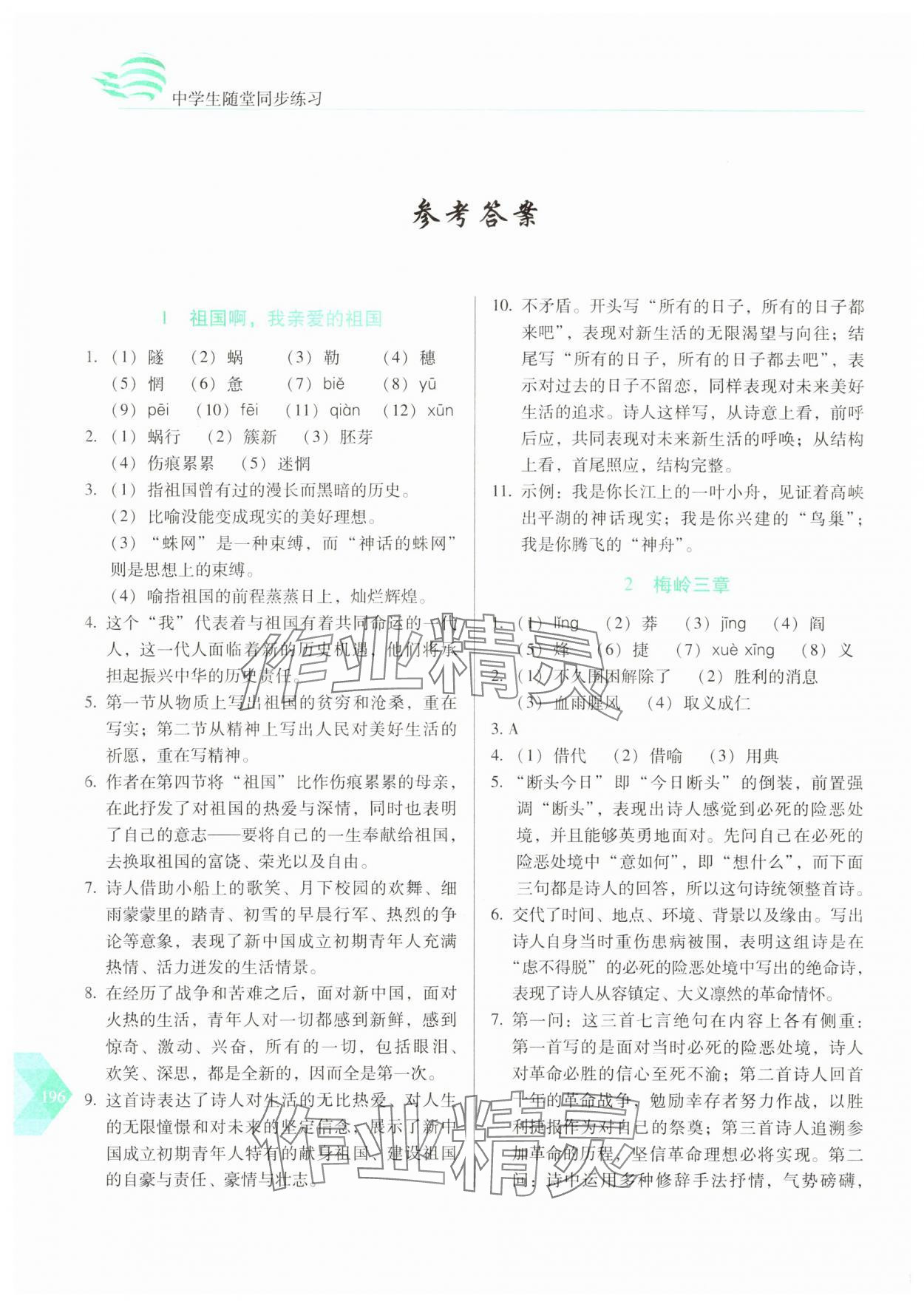 2025年随堂同步练习九年级语文下册人教版 参考答案第1页