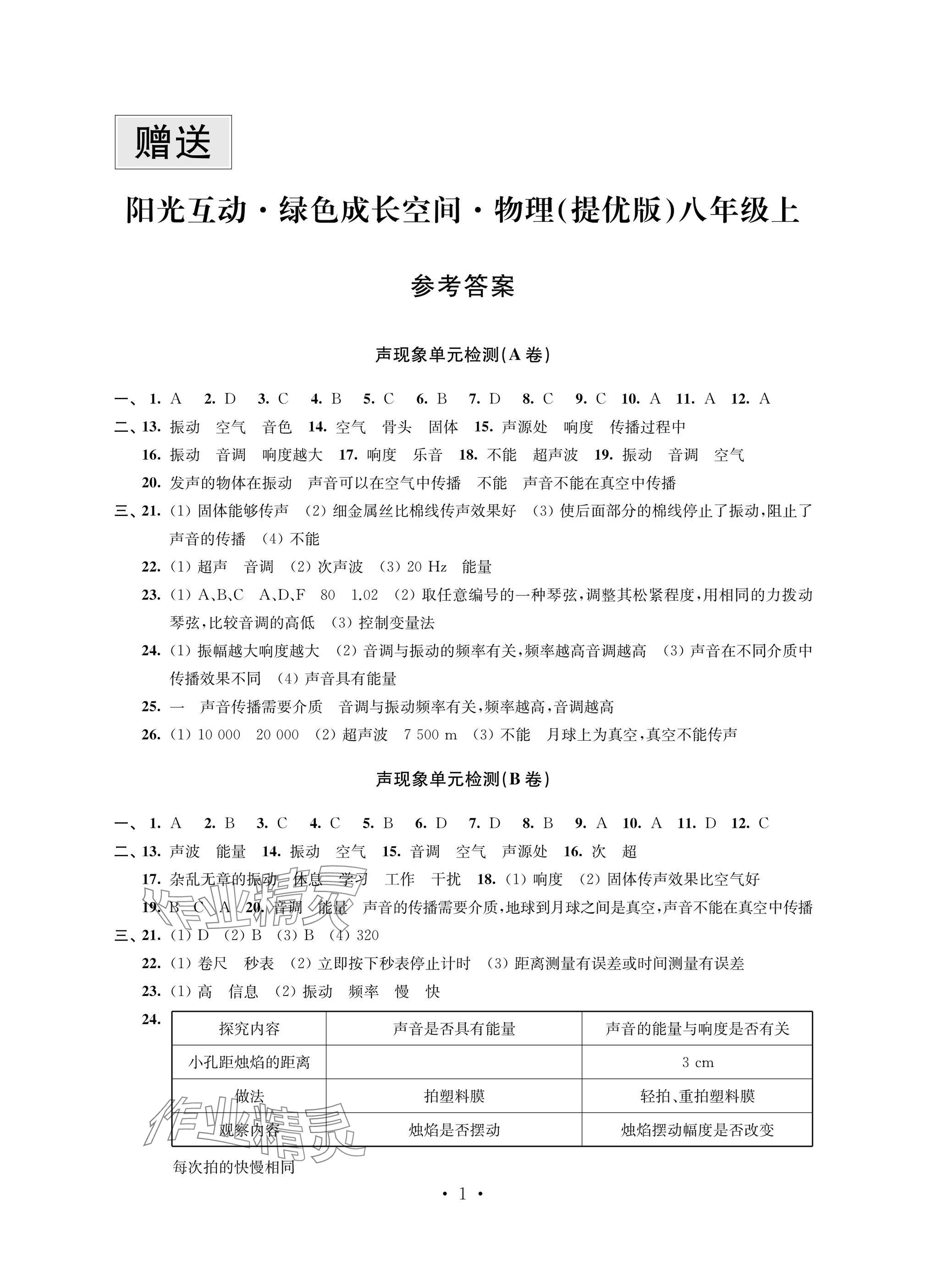 2024年阳光互动绿色成长空间八年级物理上册苏科版提优版 参考答案第1页