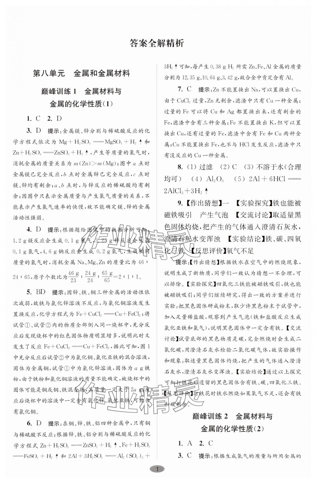 2024年初中化学小题狂做九年级下册巅峰版 参考答案第1页