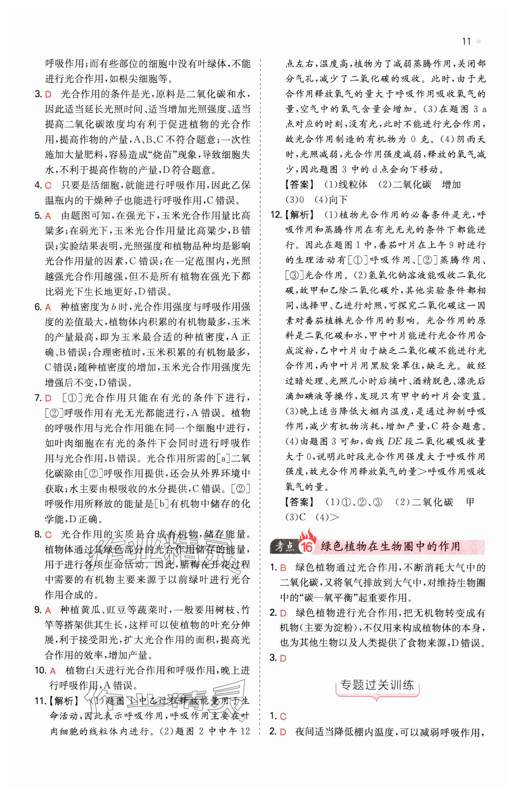 2025年一本中考训练方案生物&nbsp;参考答案第11页