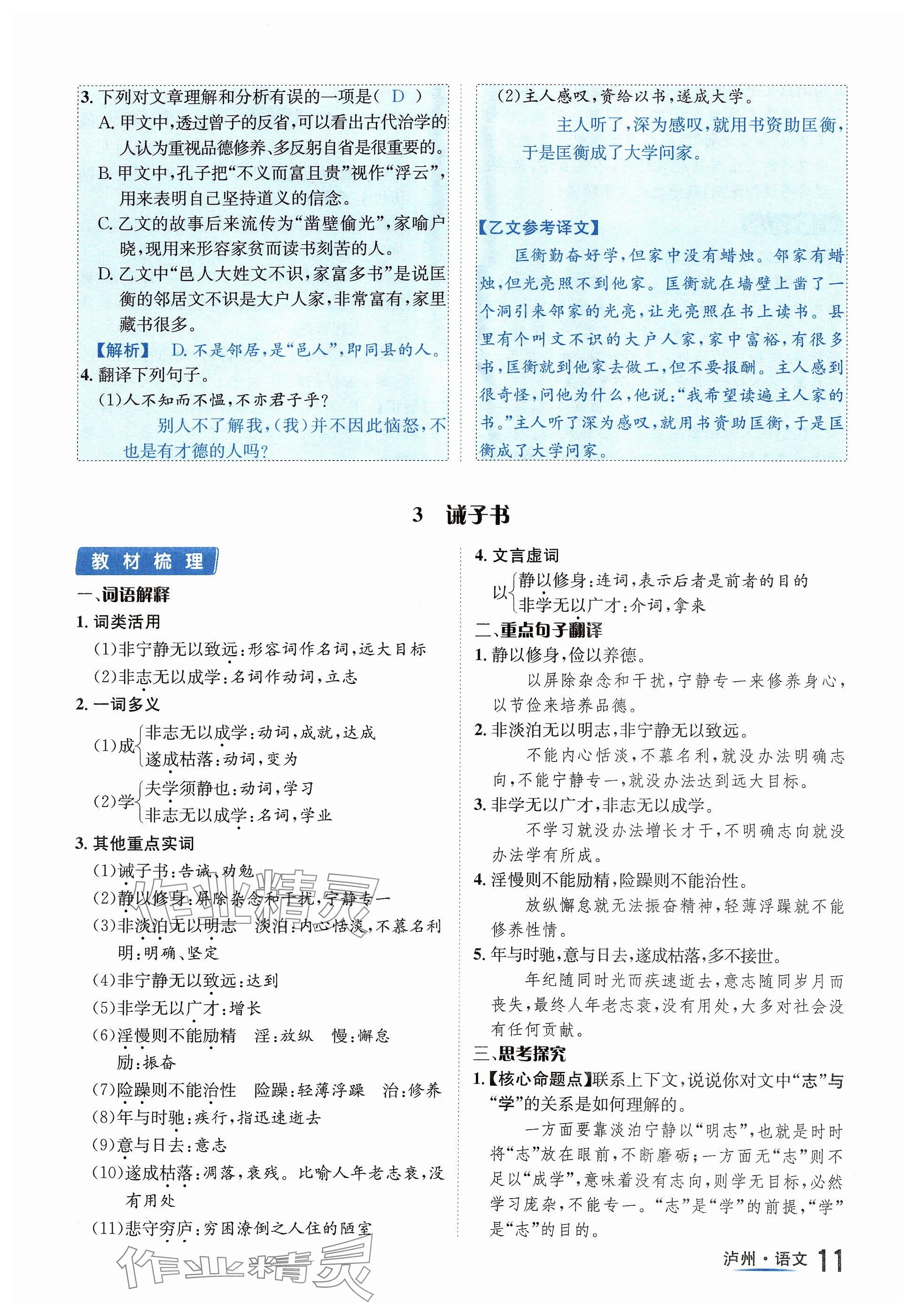 2024年国华考试中考总动员语文泸州专版 参考答案第11页