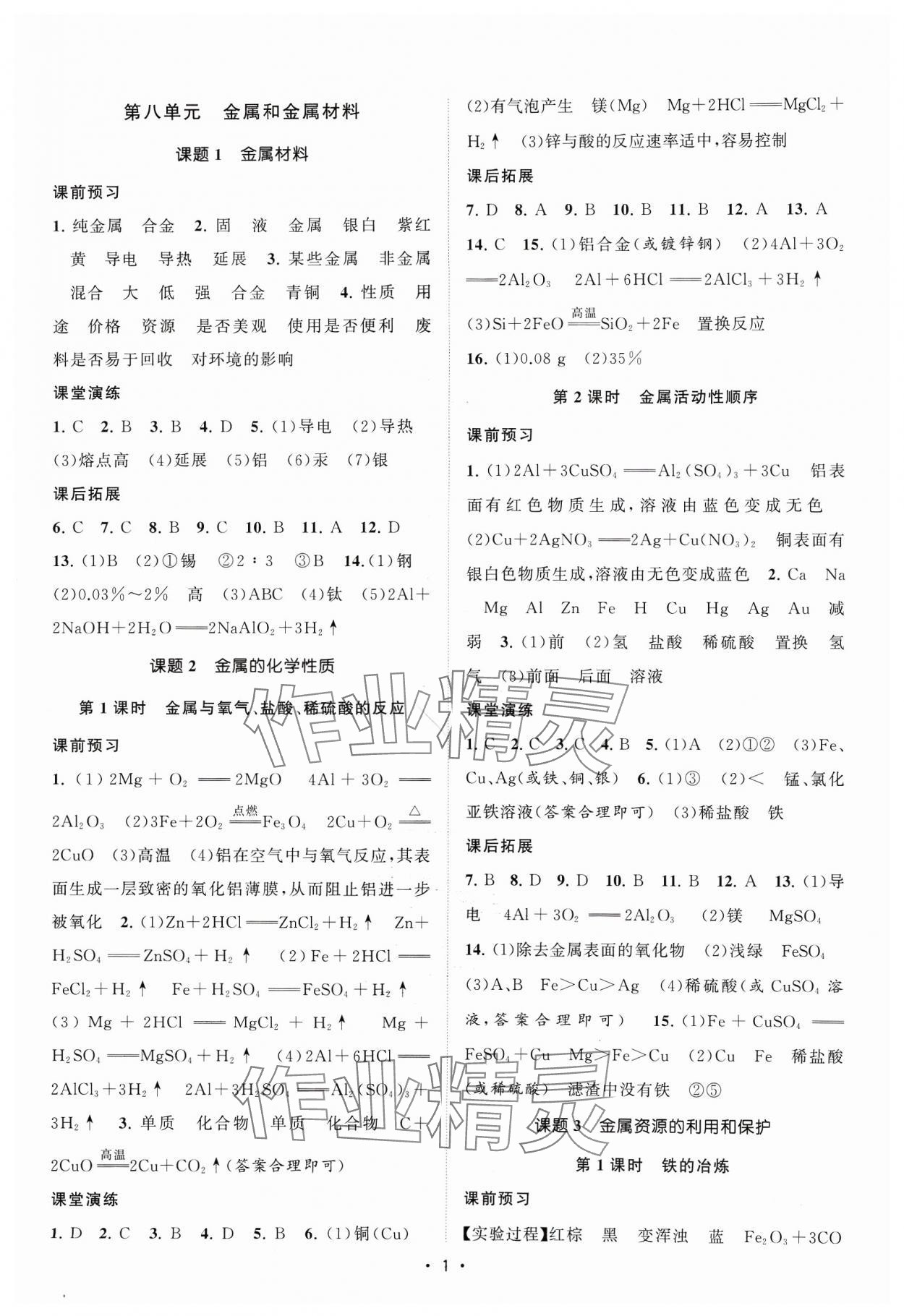 2024年課時提優(yōu)計劃作業(yè)本九年級化學下冊人教版 參考答案第1頁