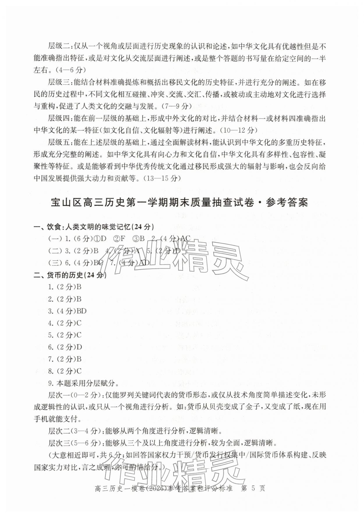 2026年领先一步上海市各区高考一模卷精编高中历史&nbsp;参考答案第5页