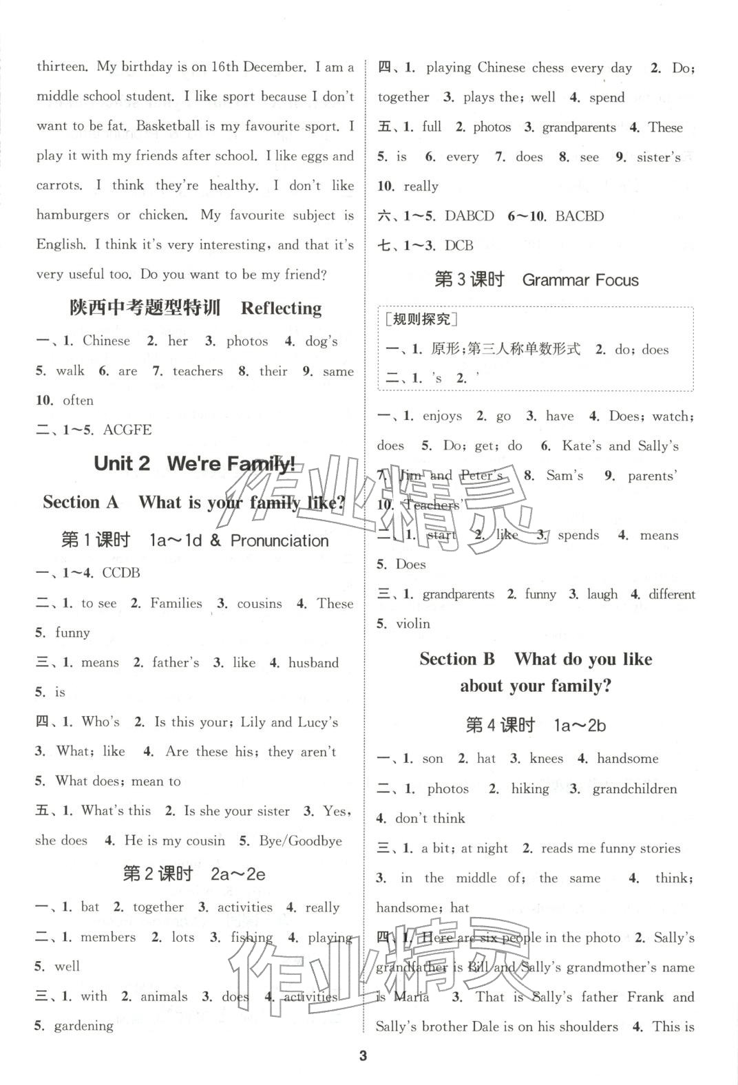2025年通成学典课时作业本七年级英语上册人教版陕西专版 参考答案第3页