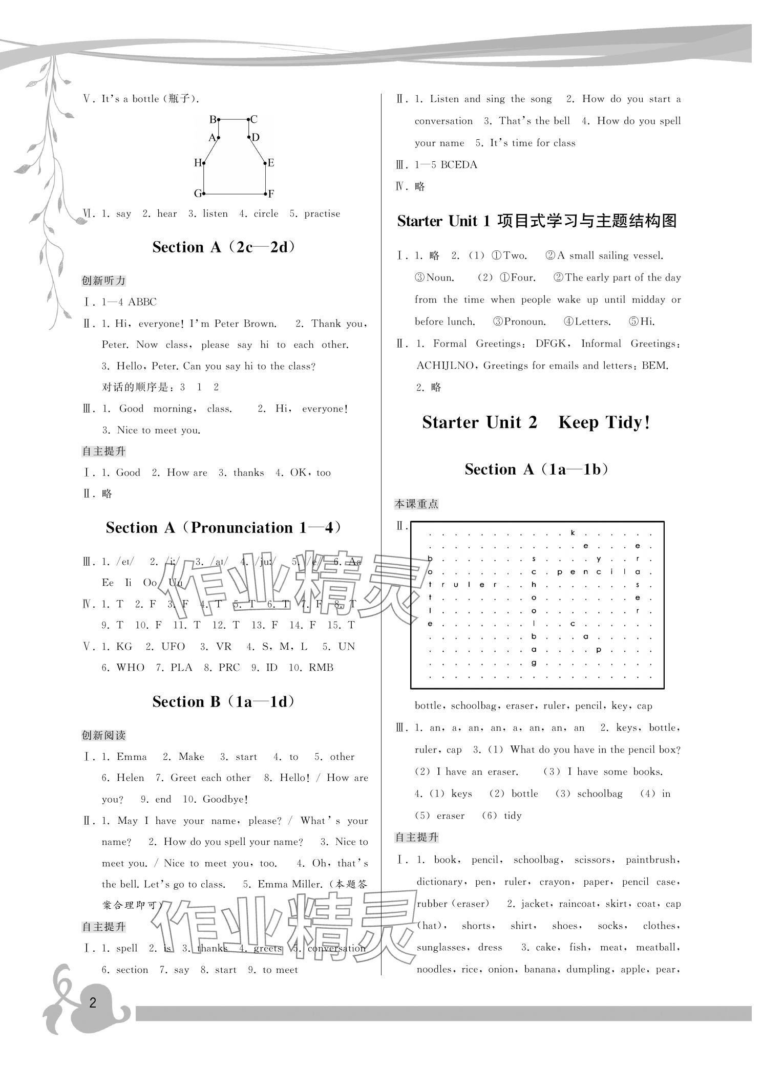 2024年顶尖课课练七年级英语上册人教版 参考答案第2页