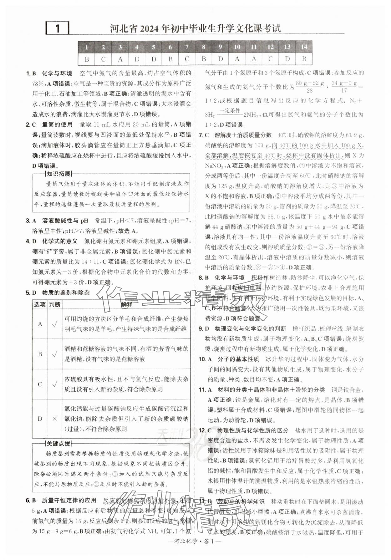 2025年天利38套中考试题精选化学河北专版 参考答案第1页