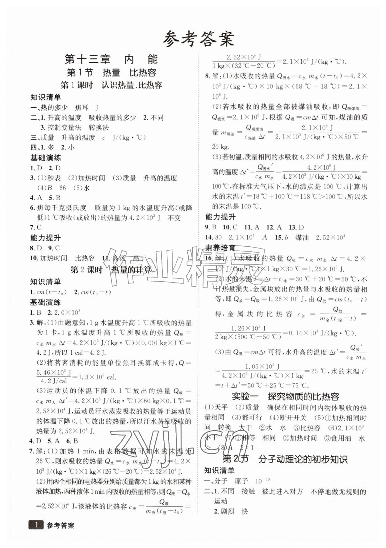 2026年同行学案九年级物理人教版&nbsp;参考答案第1页