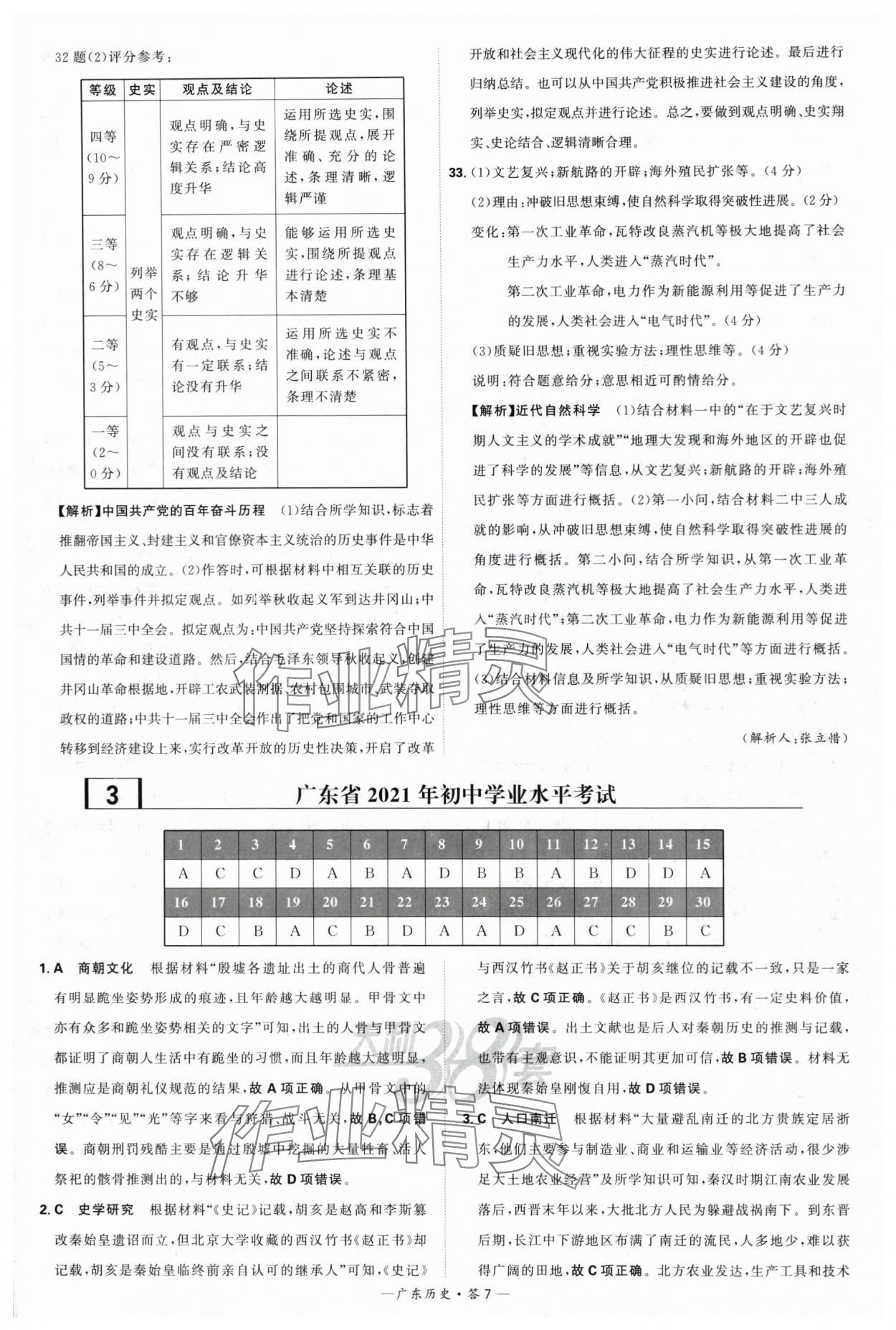 2024年天利38套中考試題精選歷史廣東專用 參考答案第7頁