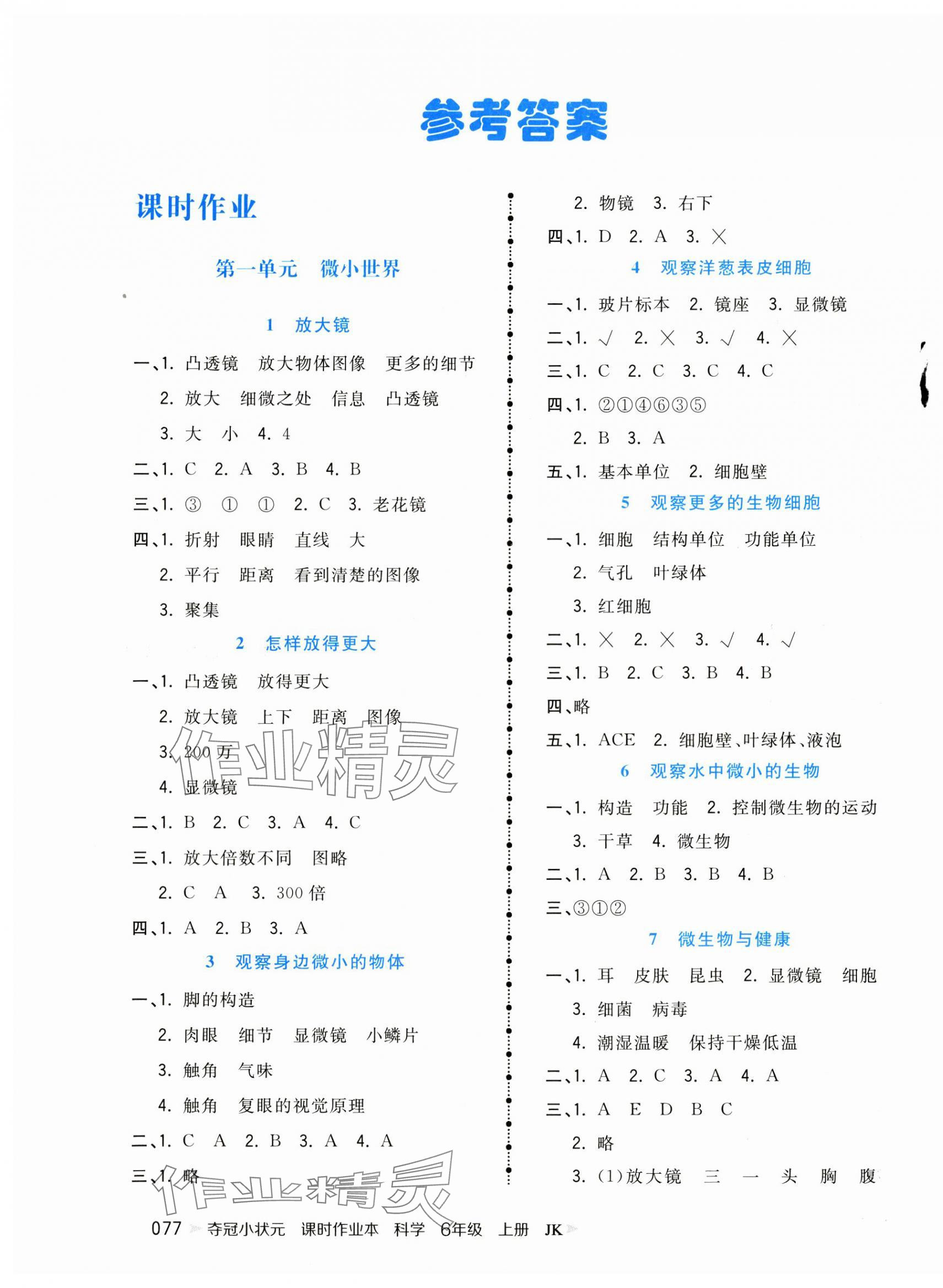 2024年奪冠小狀元課時作業(yè)本六年級科學(xué)上冊教科版 第1頁