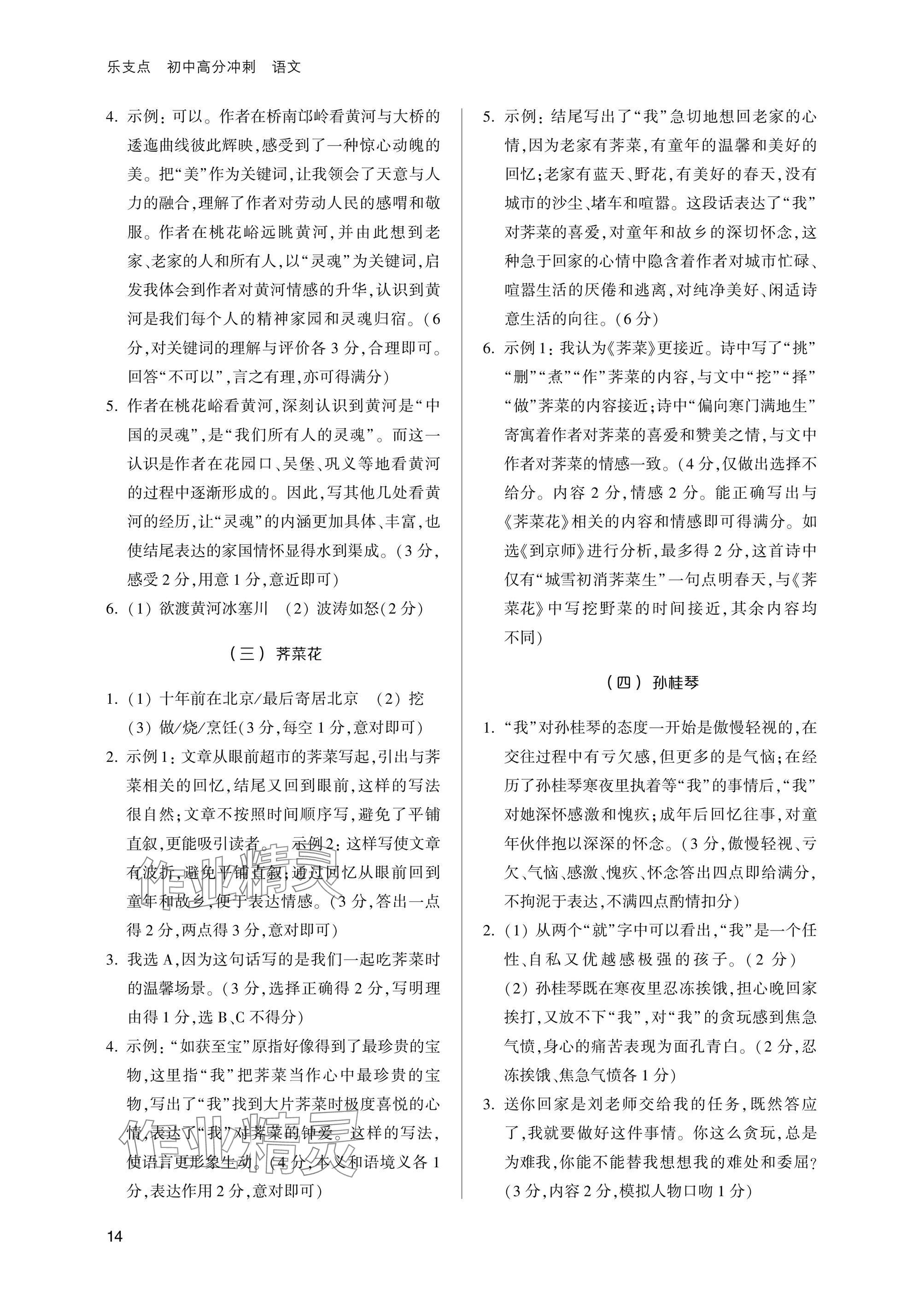 2025年乐支点初中高分冲刺语文&nbsp;参考答案第14页