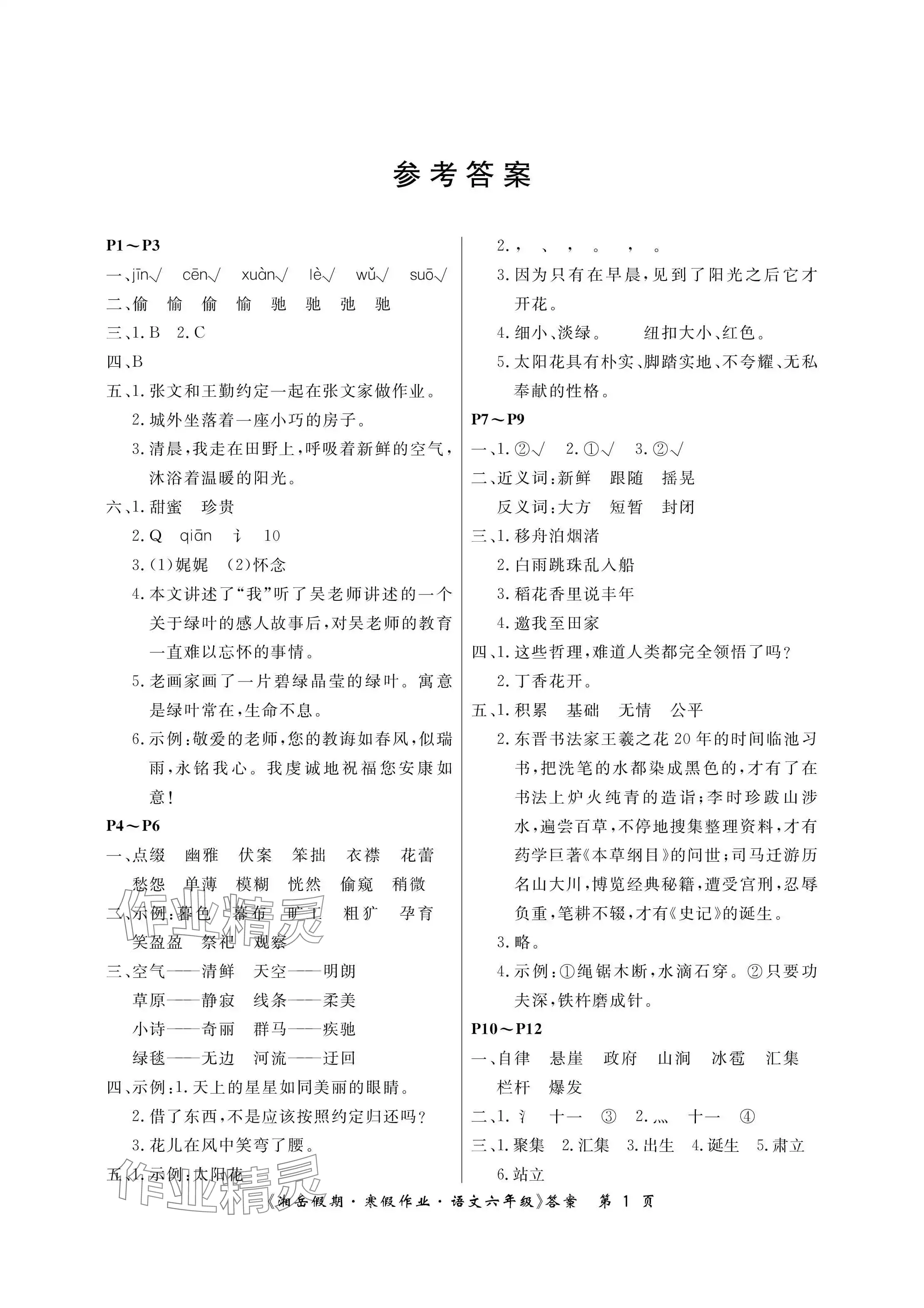 2024年湘岳假期寒假作业六年级语文 参考答案第1页