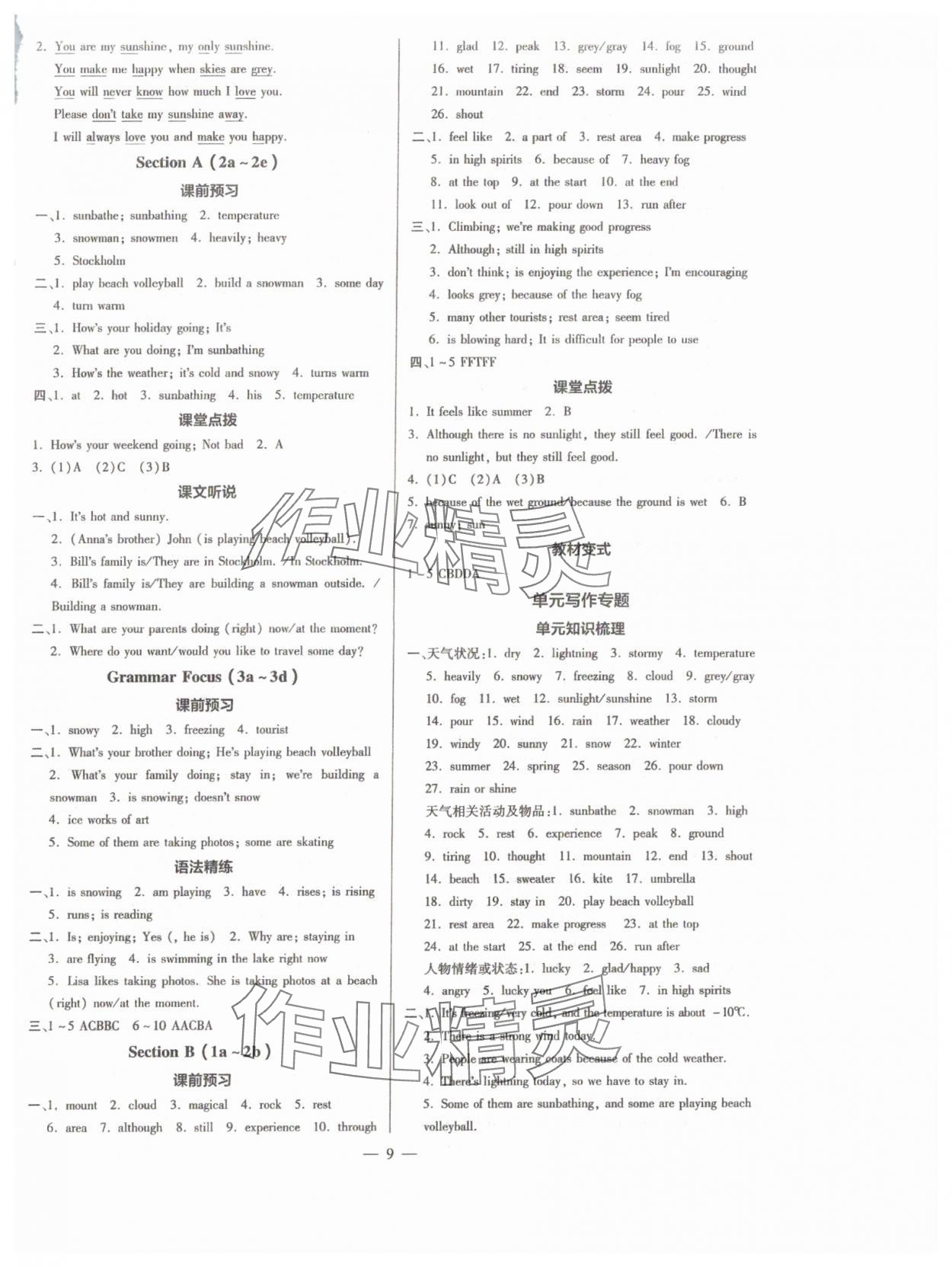 2025年領(lǐng)跑作業(yè)本七年級英語下冊人教版廣東專版 參考答案第9頁