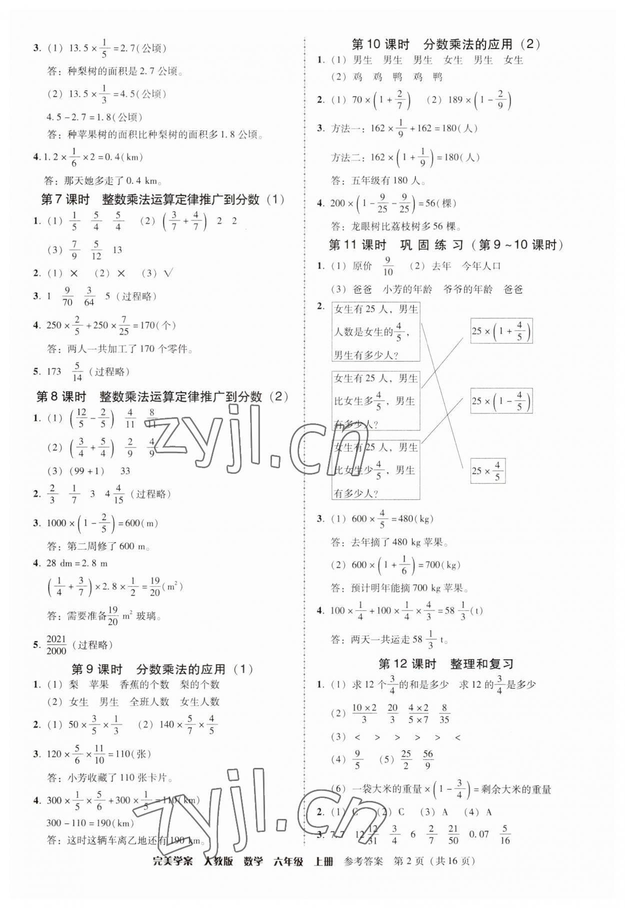 2023年完美学案六年级数学上册人教版 参考答案第2页