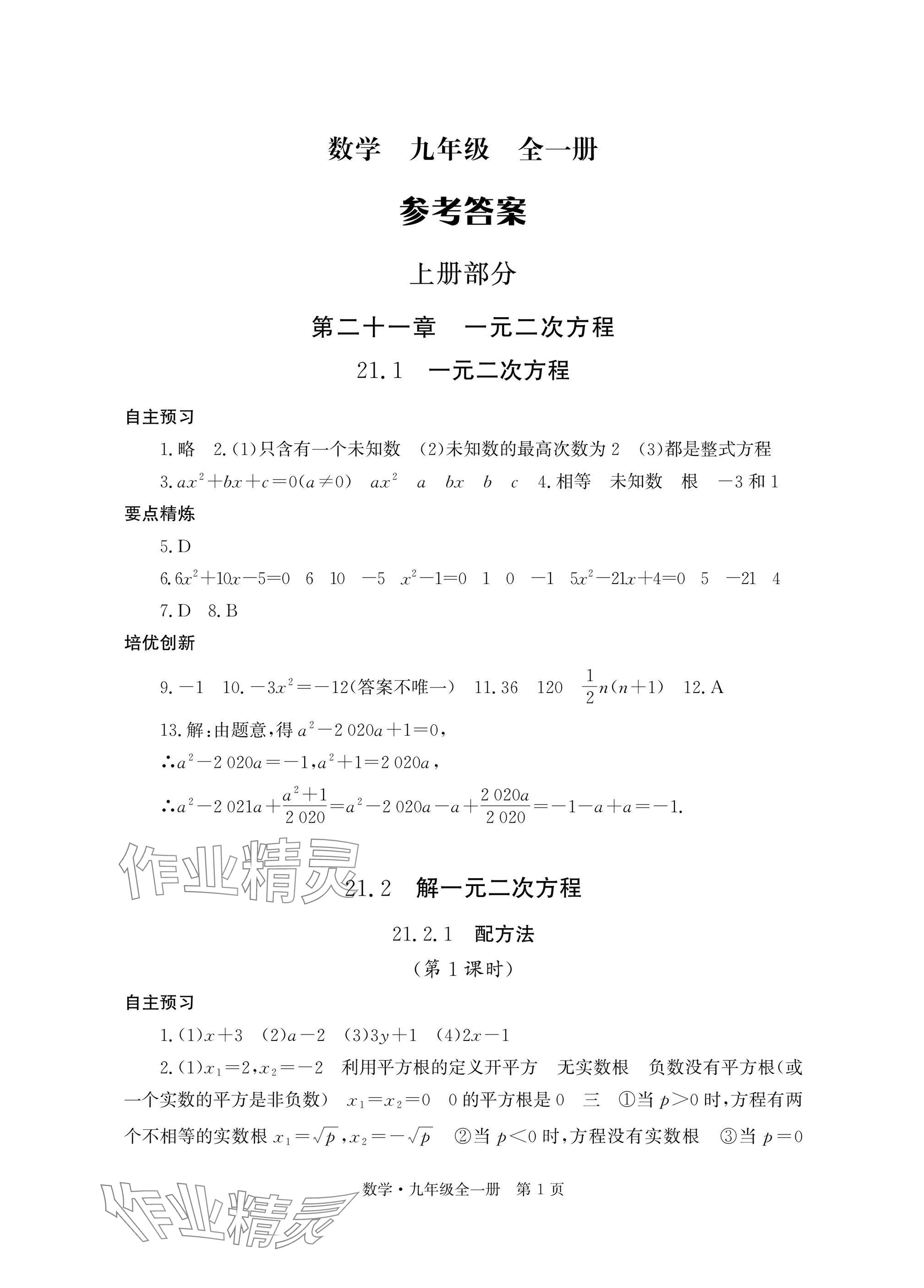 2025年自主学习指导课程与测试九年级数学全一册人教版 参考答案第1页