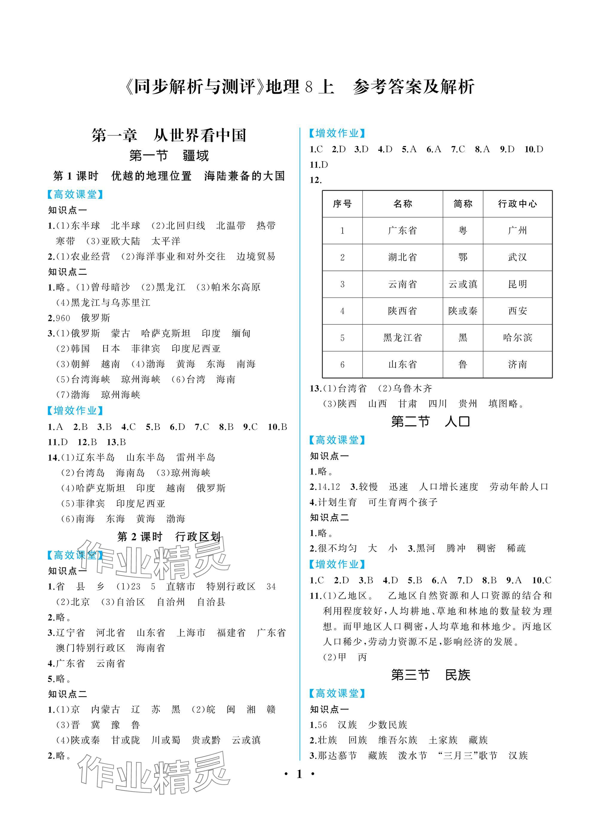 2024年人教金學(xué)典同步解析與測評八年級地理上冊人教版重慶專版 參考答案第1頁