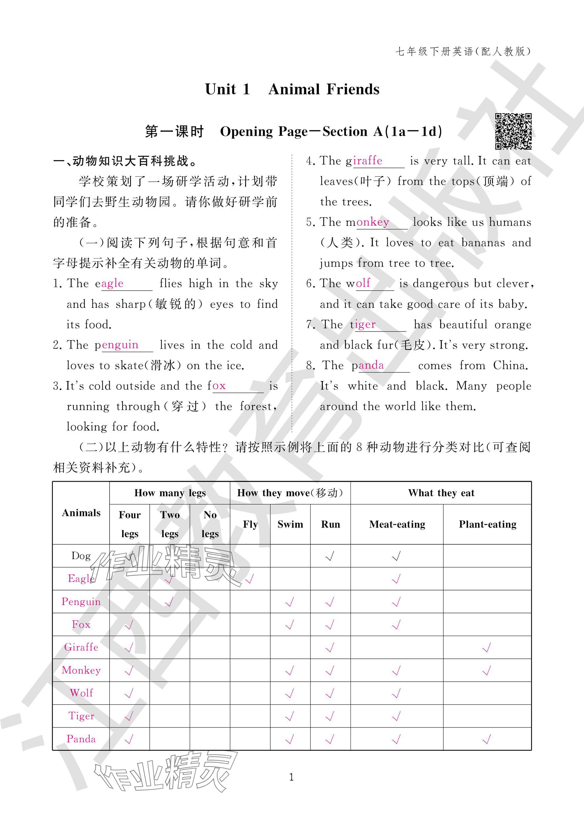 2025年作业本江西教育出版社七年级英语下册人教版 参考答案第1页