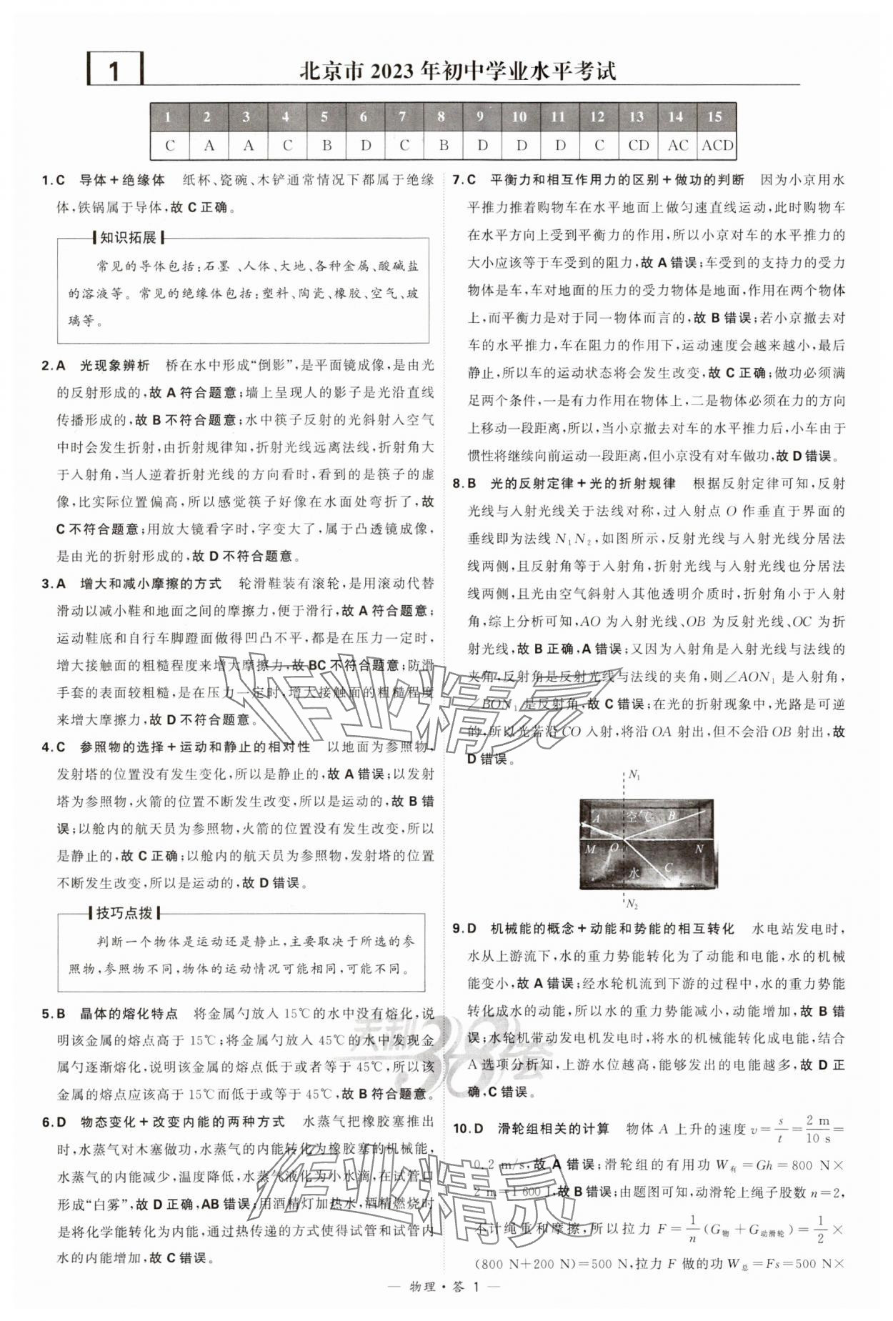 2024年天利38套新课标全国中考试题精选物理 参考答案第1页