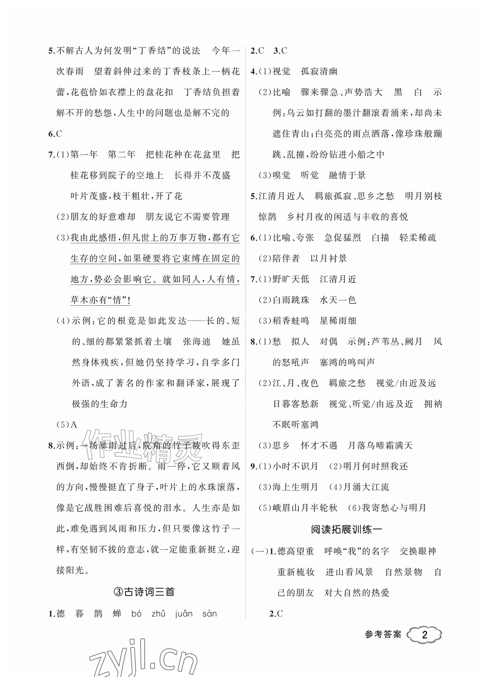 2026年浙优学核心素养评价六年级语文上册人教版&nbsp;参考答案第2页