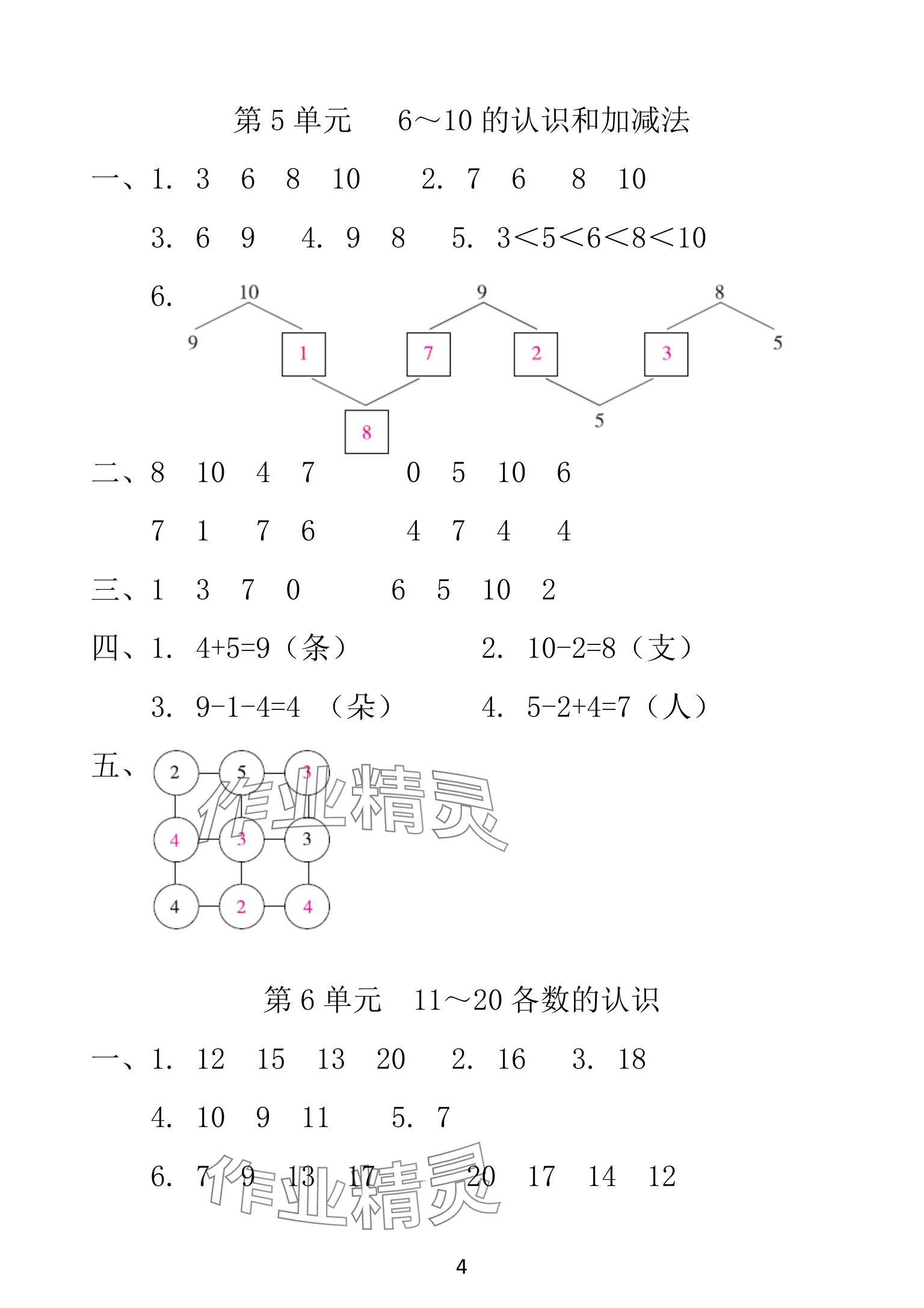 2025年一线名师总复习寒假作业海南出版社一年级数学人教版 参考答案第4页