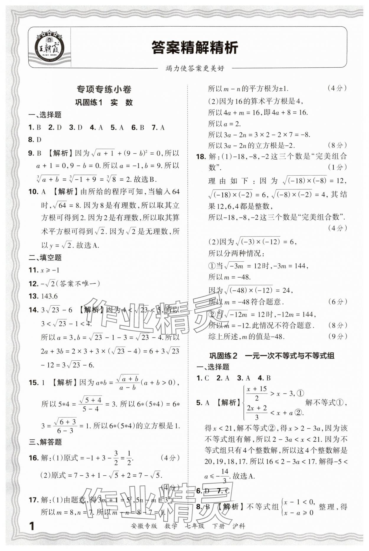 2025年王朝霞各地期末試卷精選七年級數(shù)學(xué)下冊滬科版安徽專版 參考答案第1頁