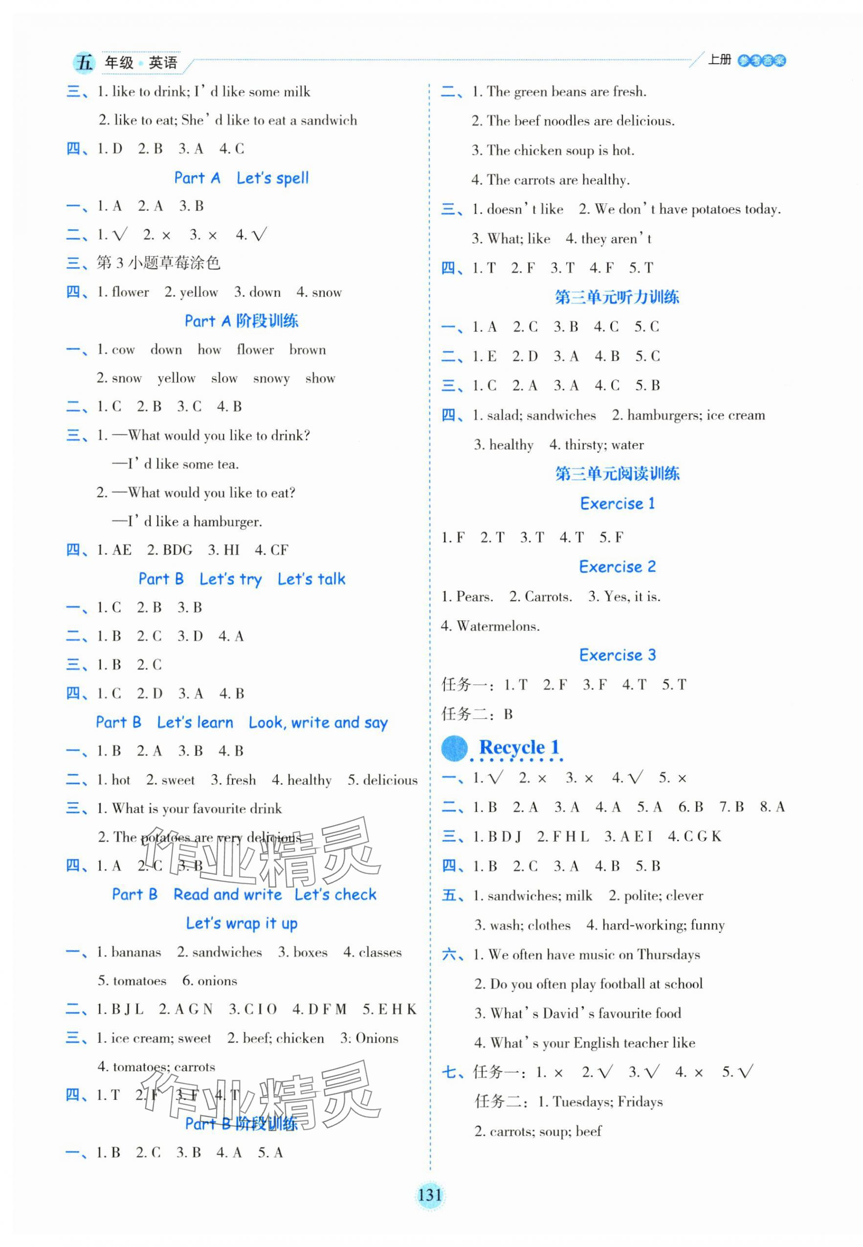 2024年優(yōu)秀生作業(yè)本五年級英語上冊人教版 參考答案第3頁