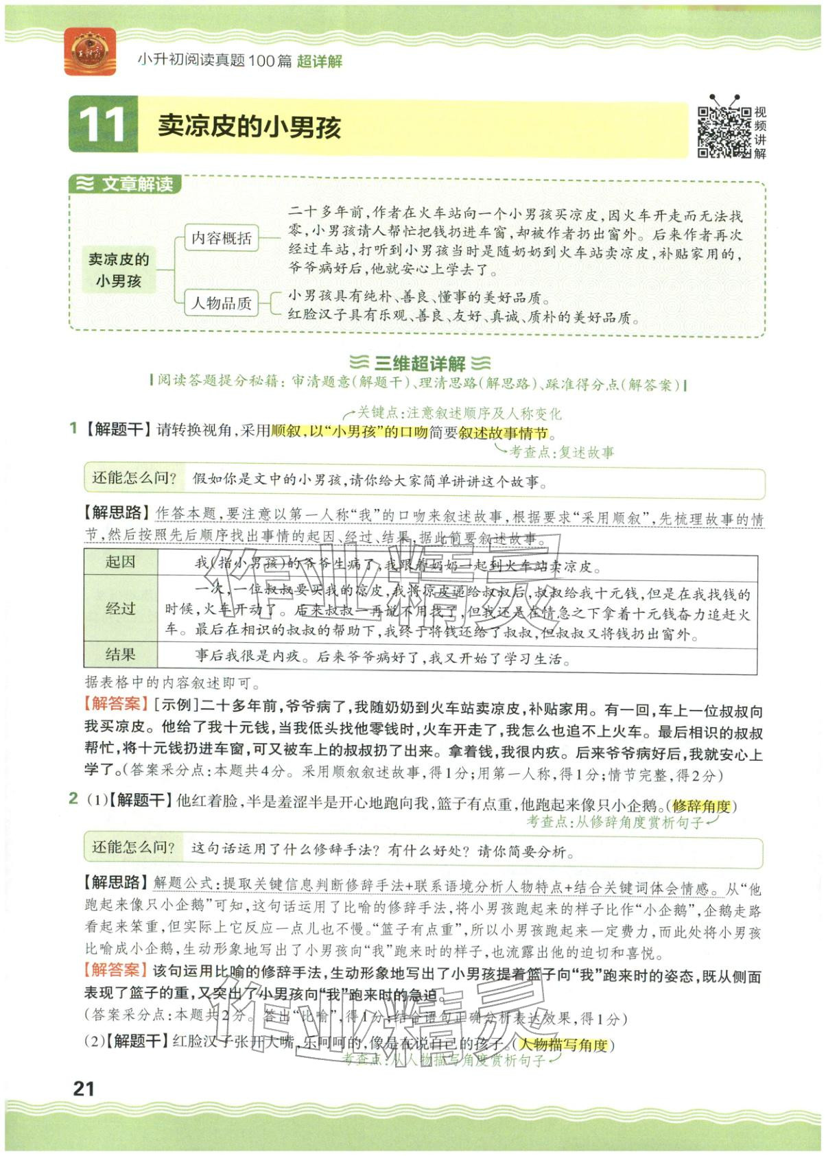 2026年王朝霞小升初閱讀真題100篇超詳解六年級語文&nbsp;參考答案第21頁