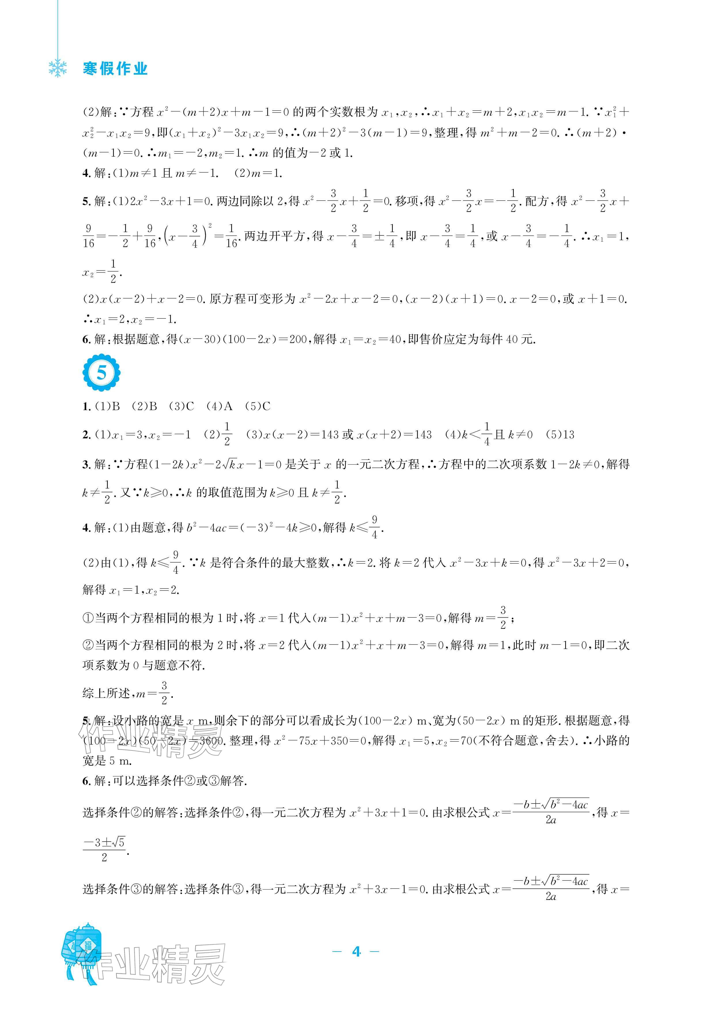 2026年寒假作业九年级数学北师大版安徽教育出版社&nbsp;参考答案第4页